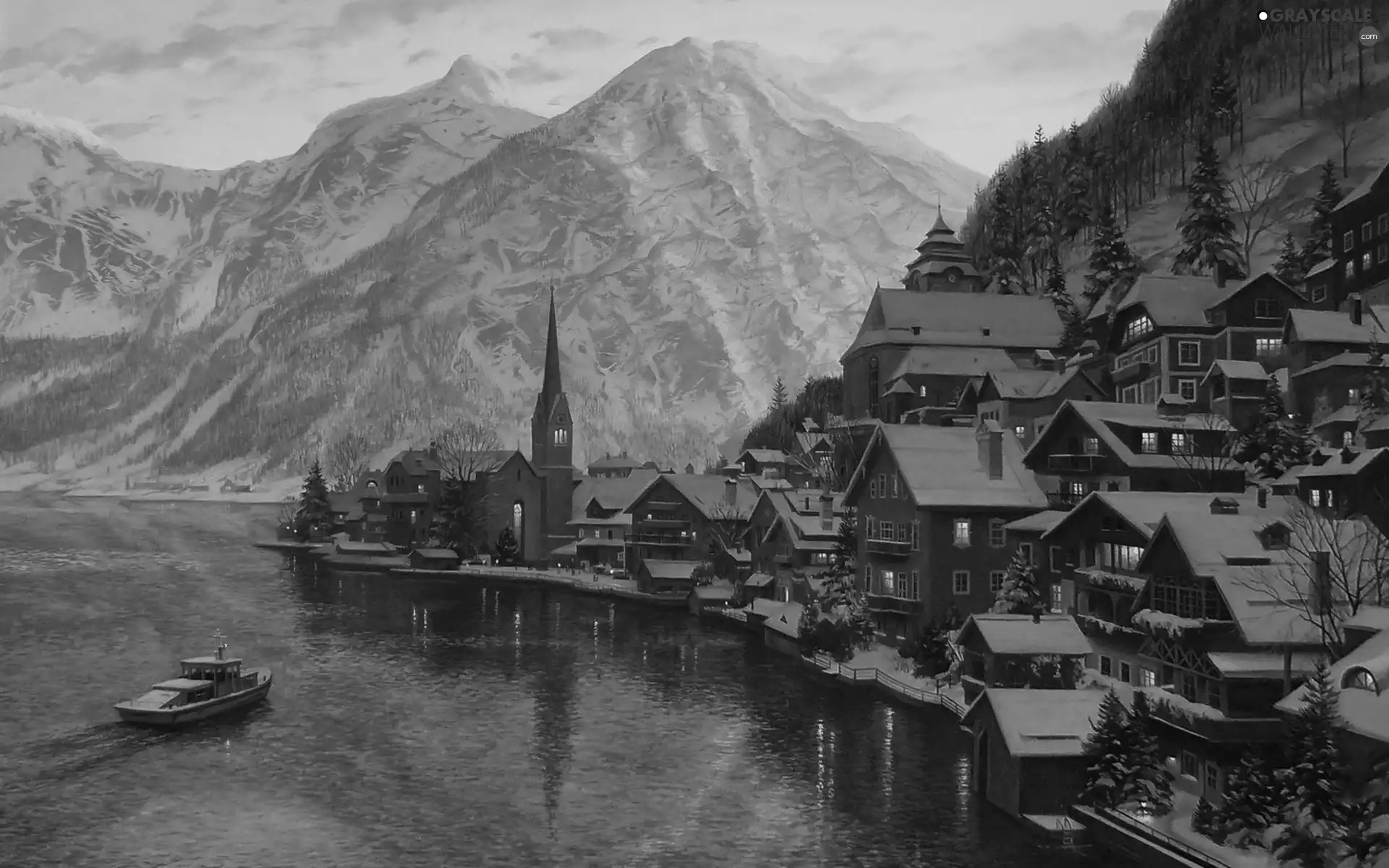 Alps, winter, buildings, lake, picture, Eugeny Lushpin, Austria, painting, Hallstatt