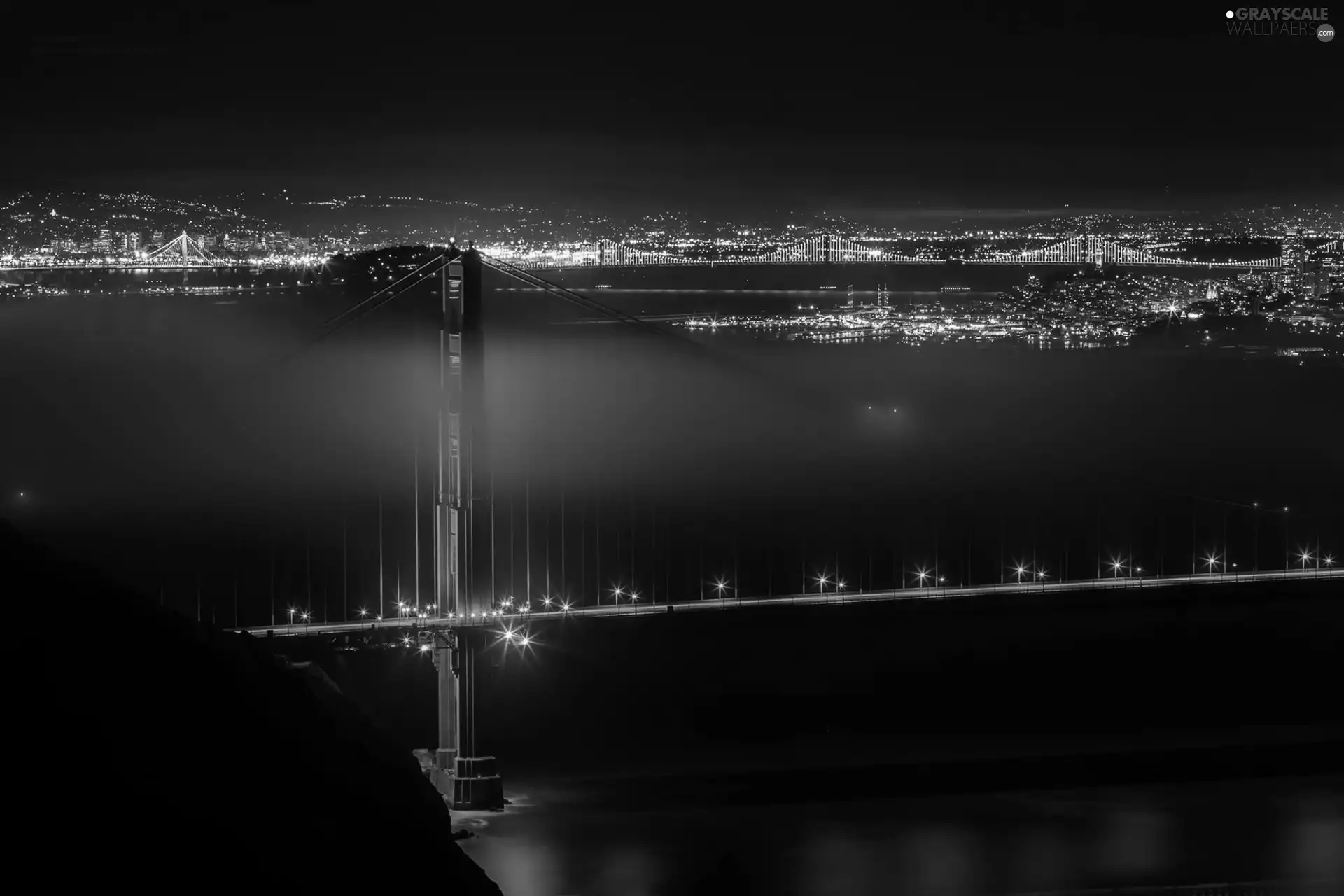 bridge, illuminated, Town, Night