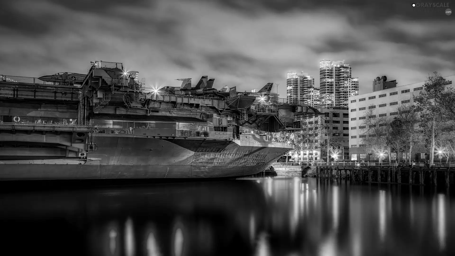 aircraft carrier, coast, Town, sea