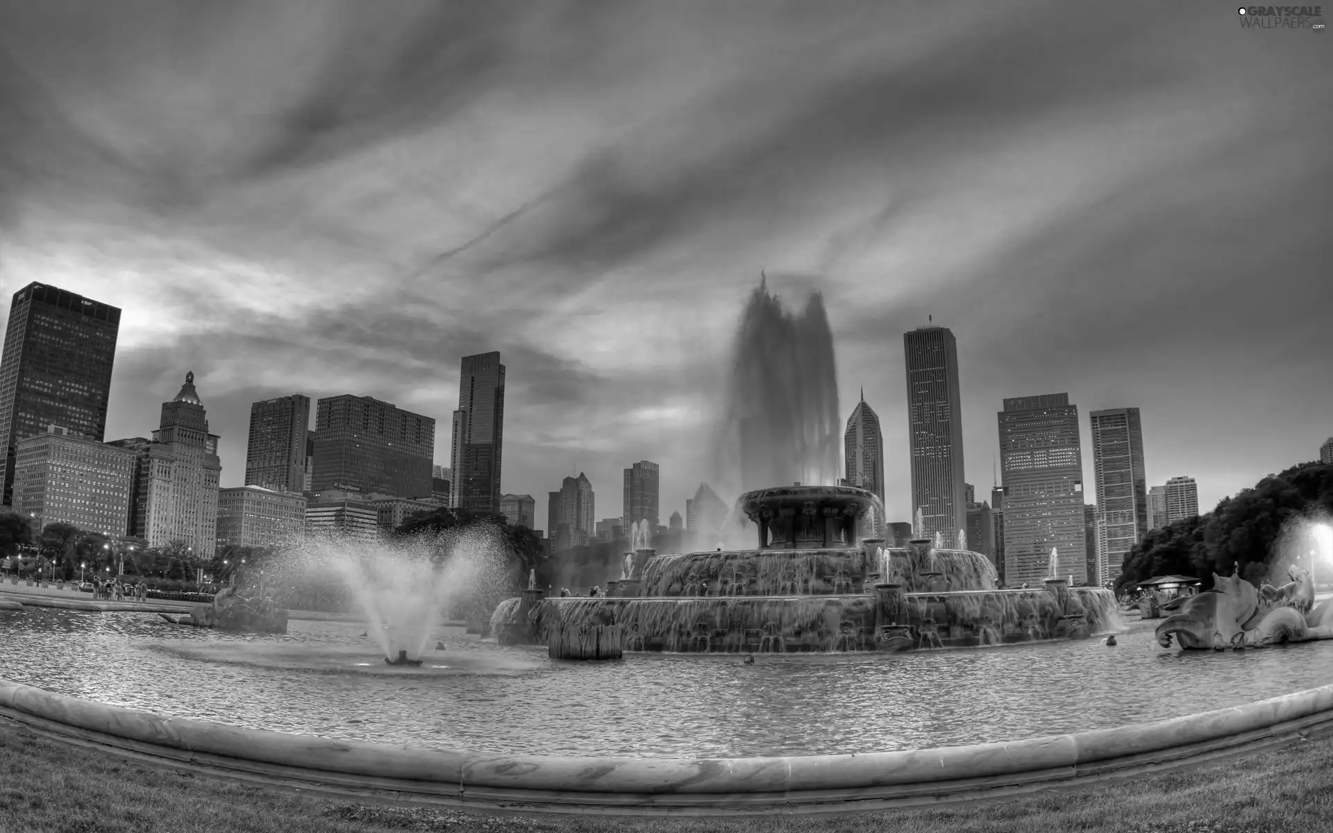 town, Dusk, skyscrapers, panorama, Fountains