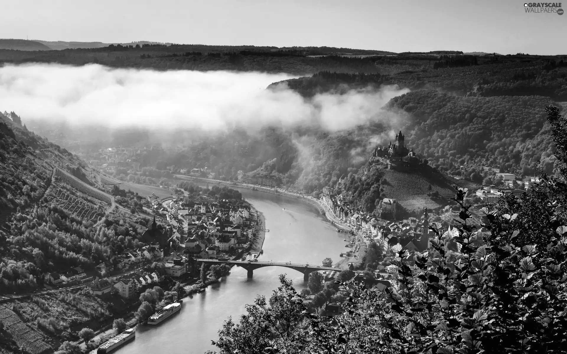 Town, Germany, clouds, River, Mountains