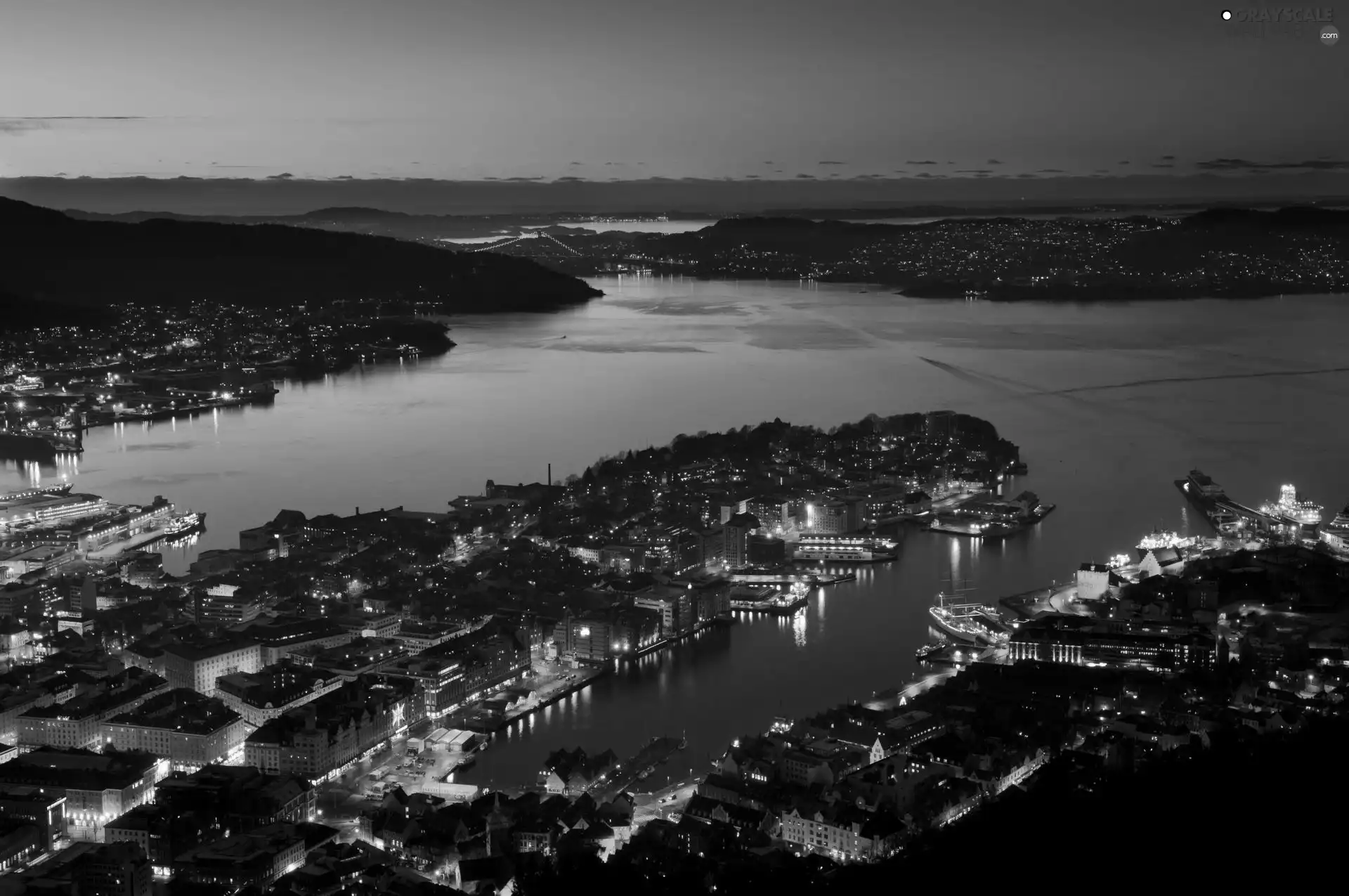 Town, Gulf, Night, panorama, Bergen