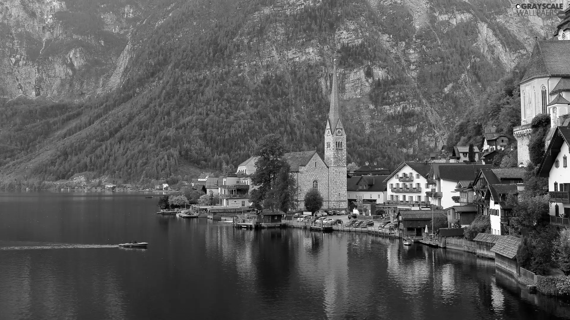 woods, Hallstatt, Houses, viewes, Church, Austria, Town, Hallstattersee Lake, trees, Mountains