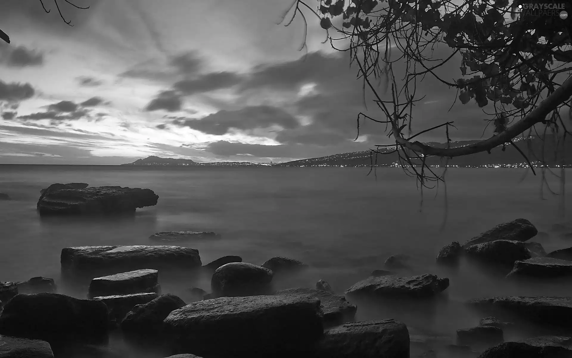 lake, light, town, Stones