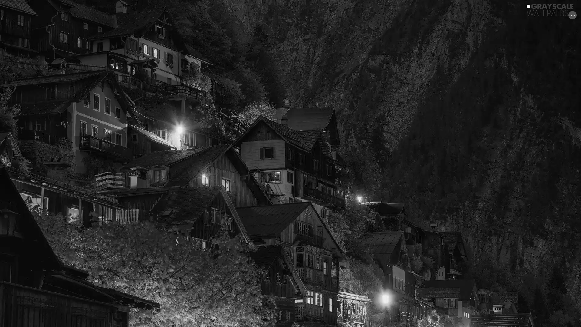 Town Hallstatt, Mountains, Night, Salzburg Slate Alps, Austria, light, Houses