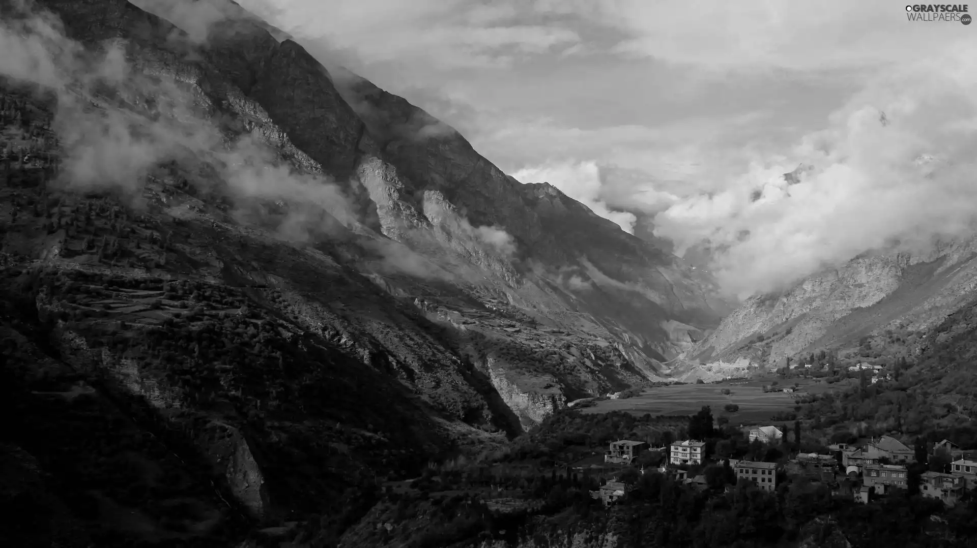 Town, clouds, Mountains