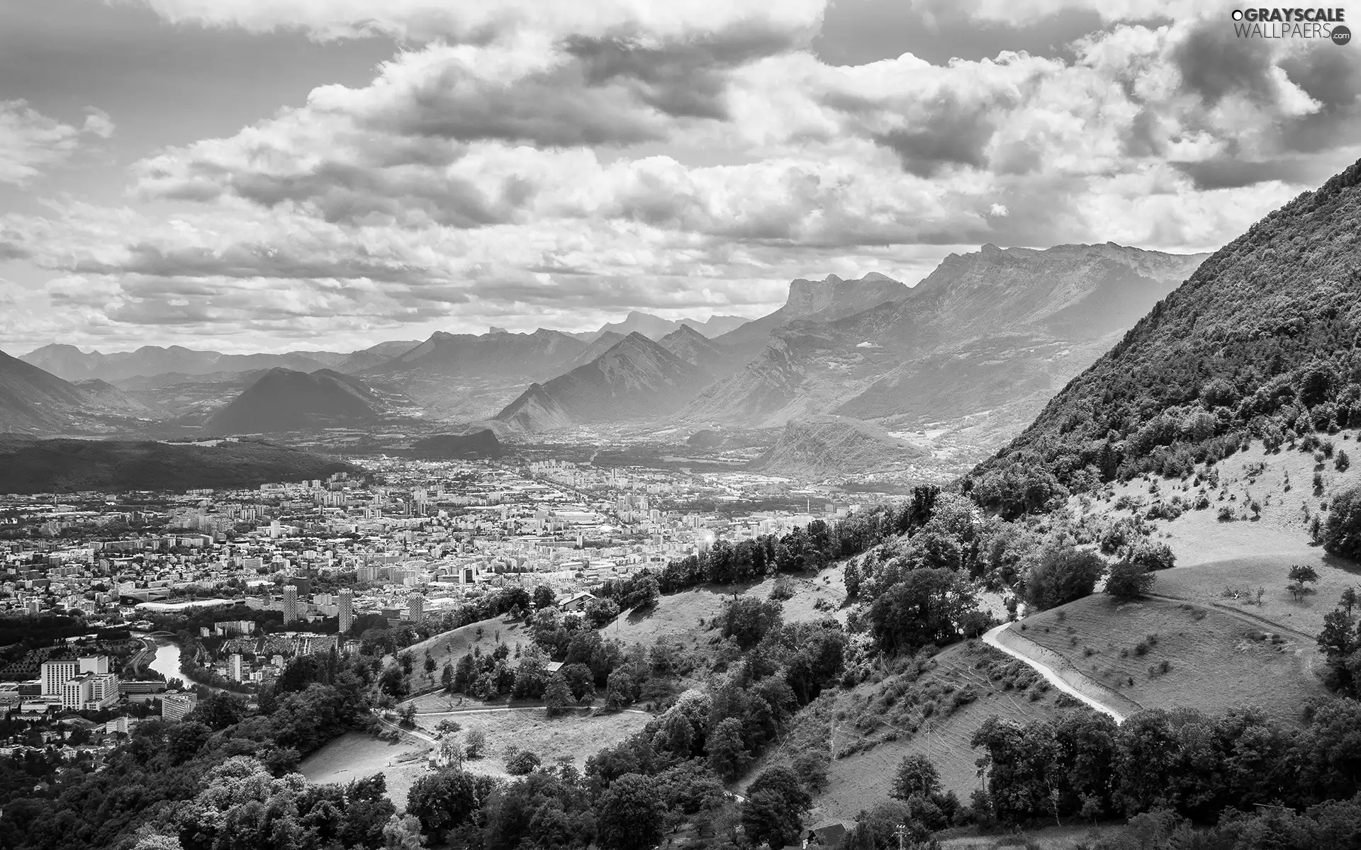 Mountains, panorama, town, clouds