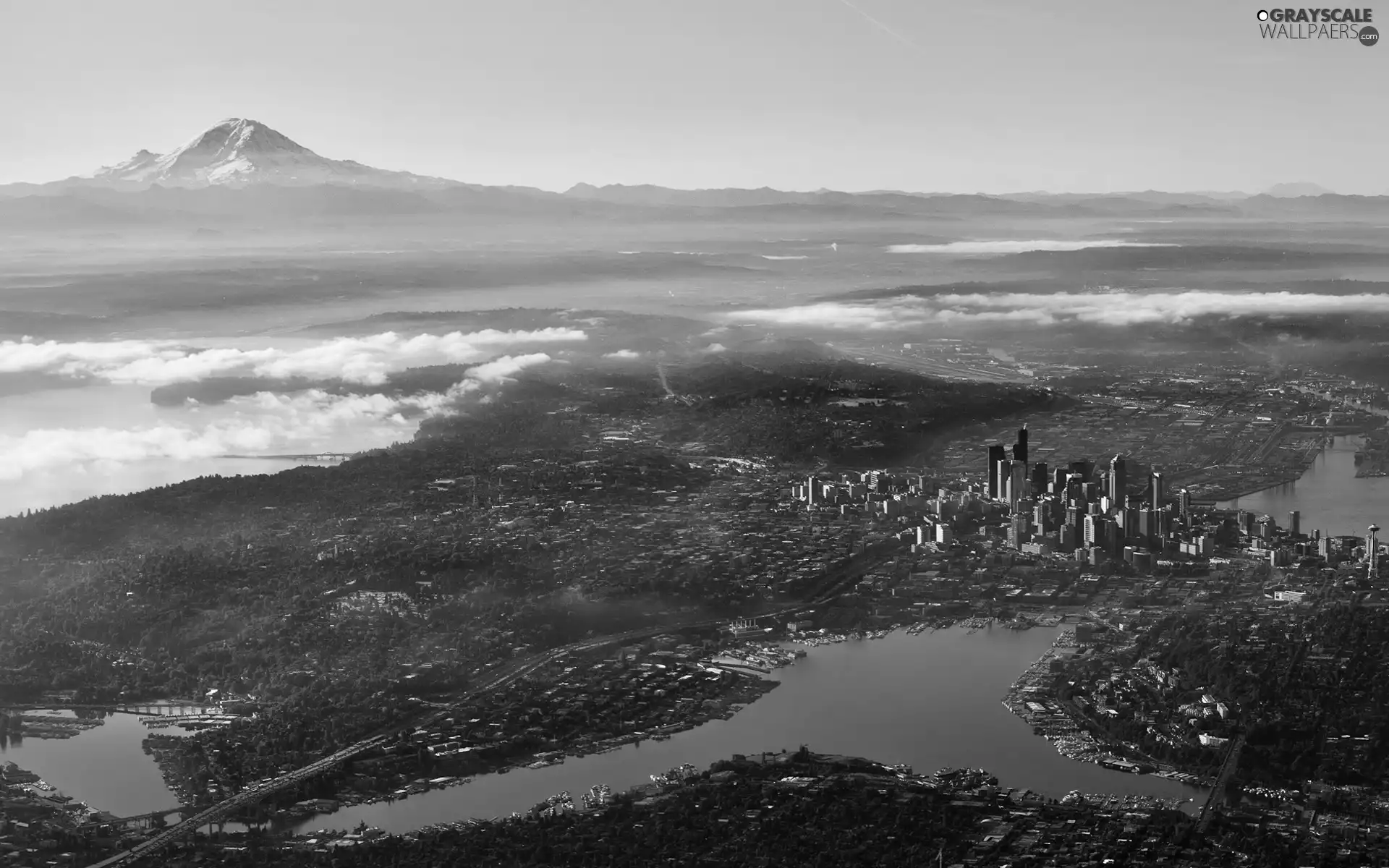 mountains, clouds, Seattle, Town, The United States