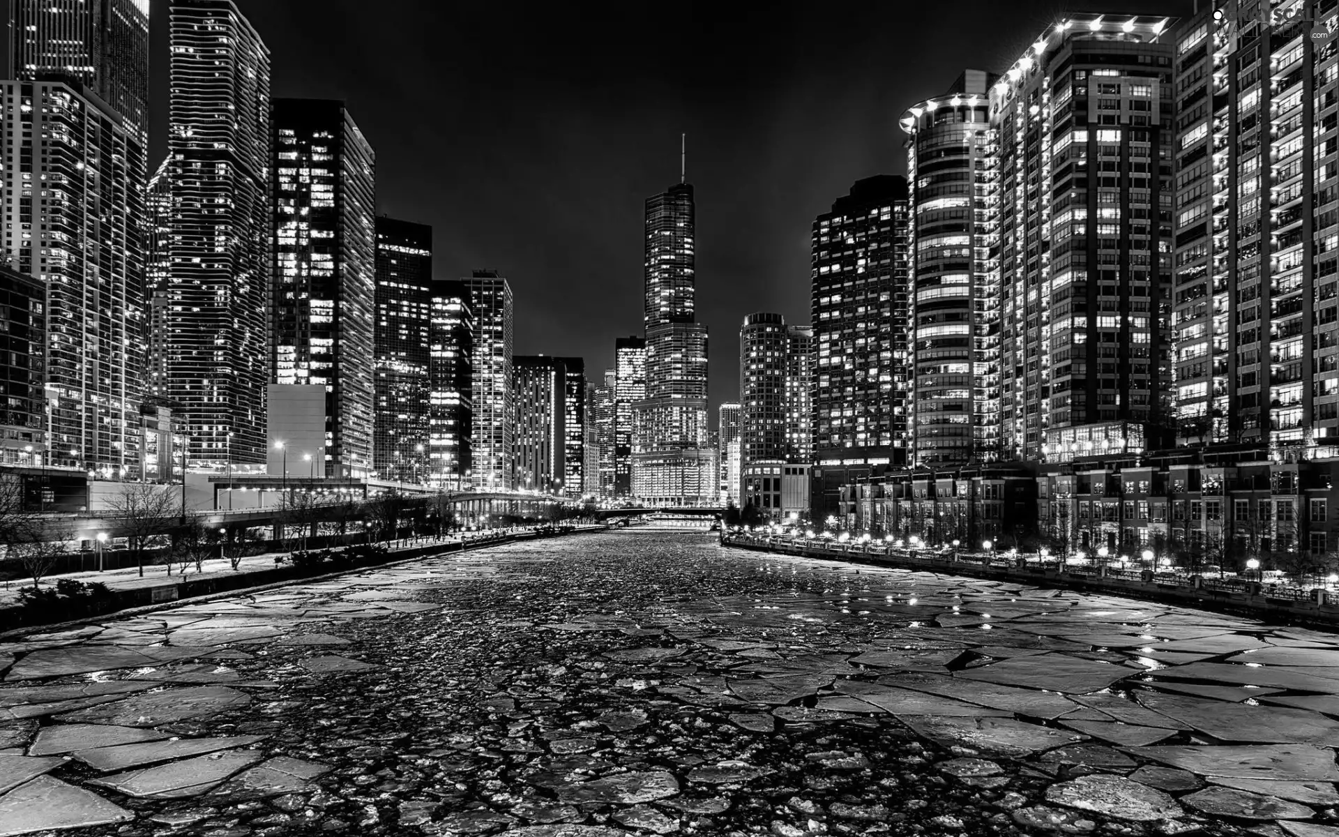 Night, River, Chicago, Town, The United States