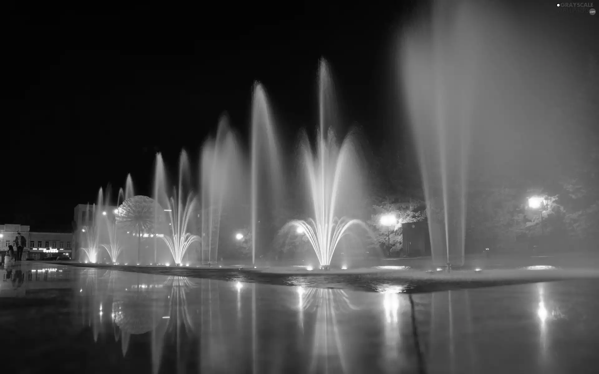 Town, Night, Fountains, lanterns, color