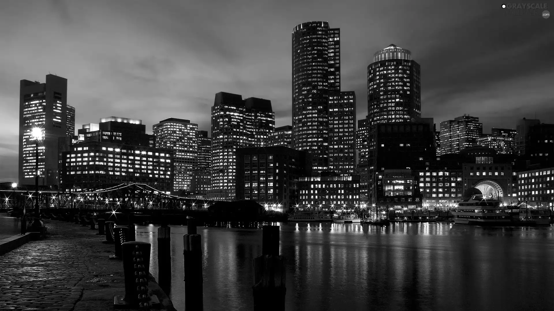 Town, night, bridge, vessels, promenade