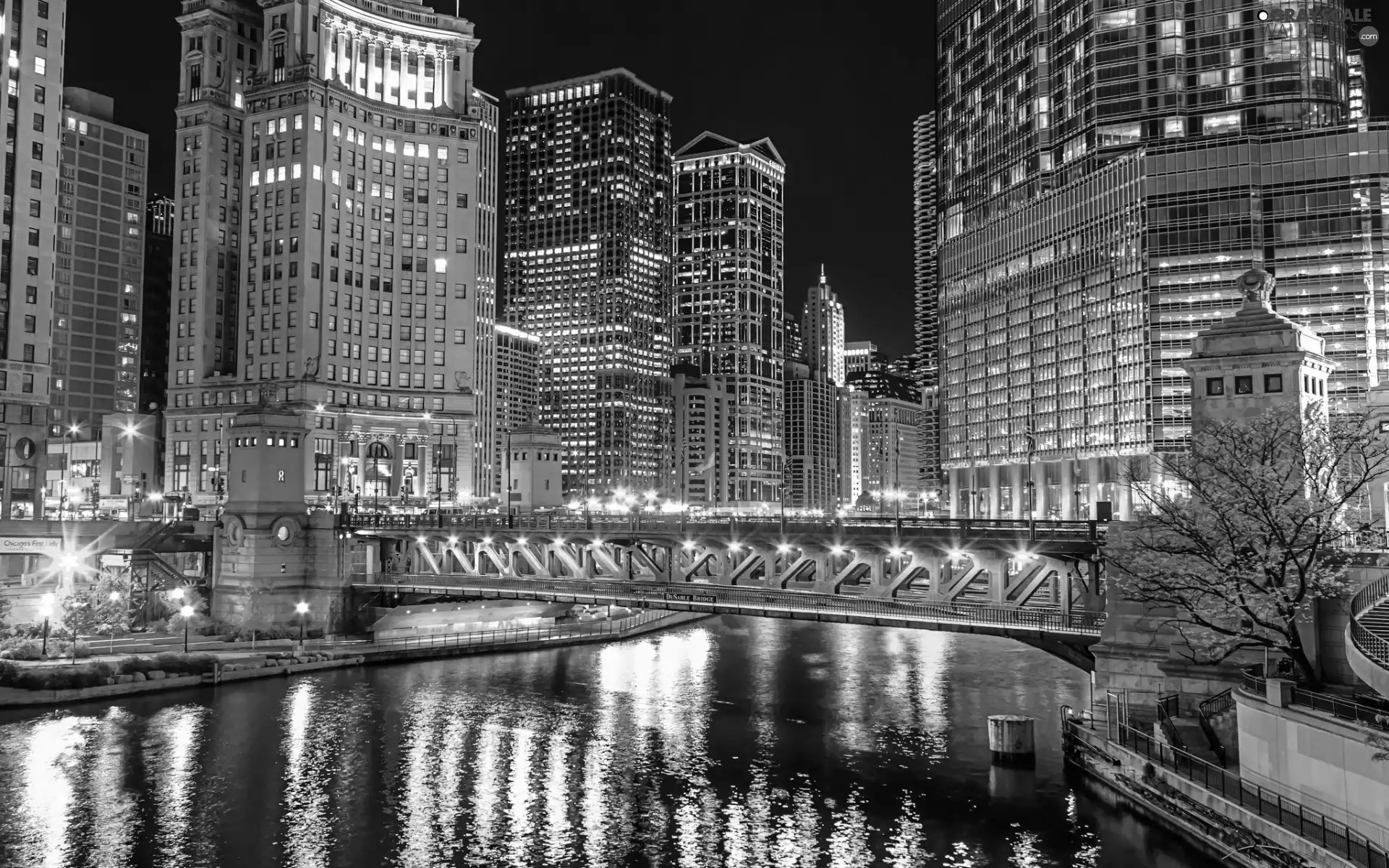 town, Night, bridge, panorama, River