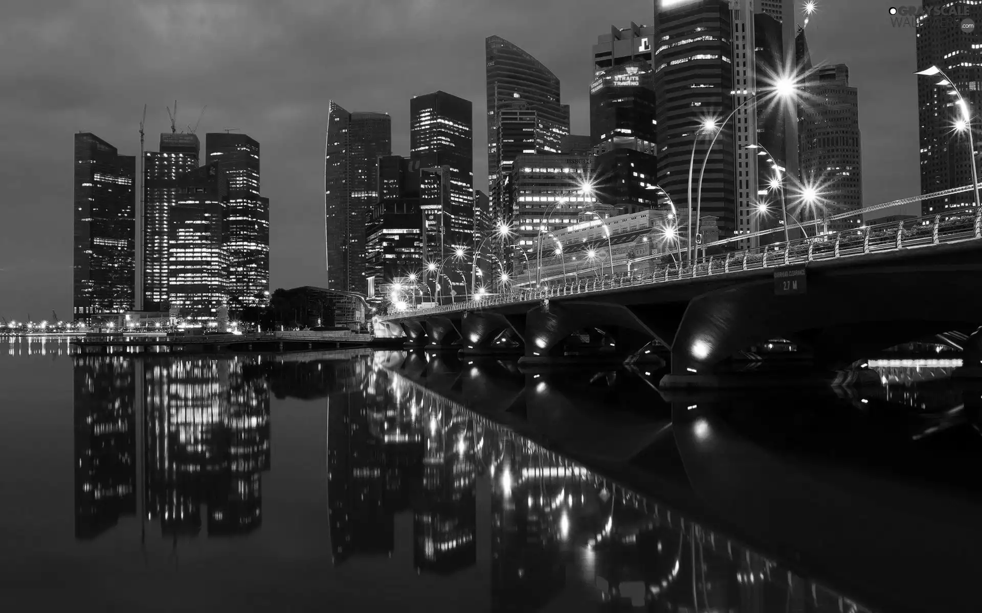 skyscrapers, River, Town, night, Kuala Lumpur, bridge