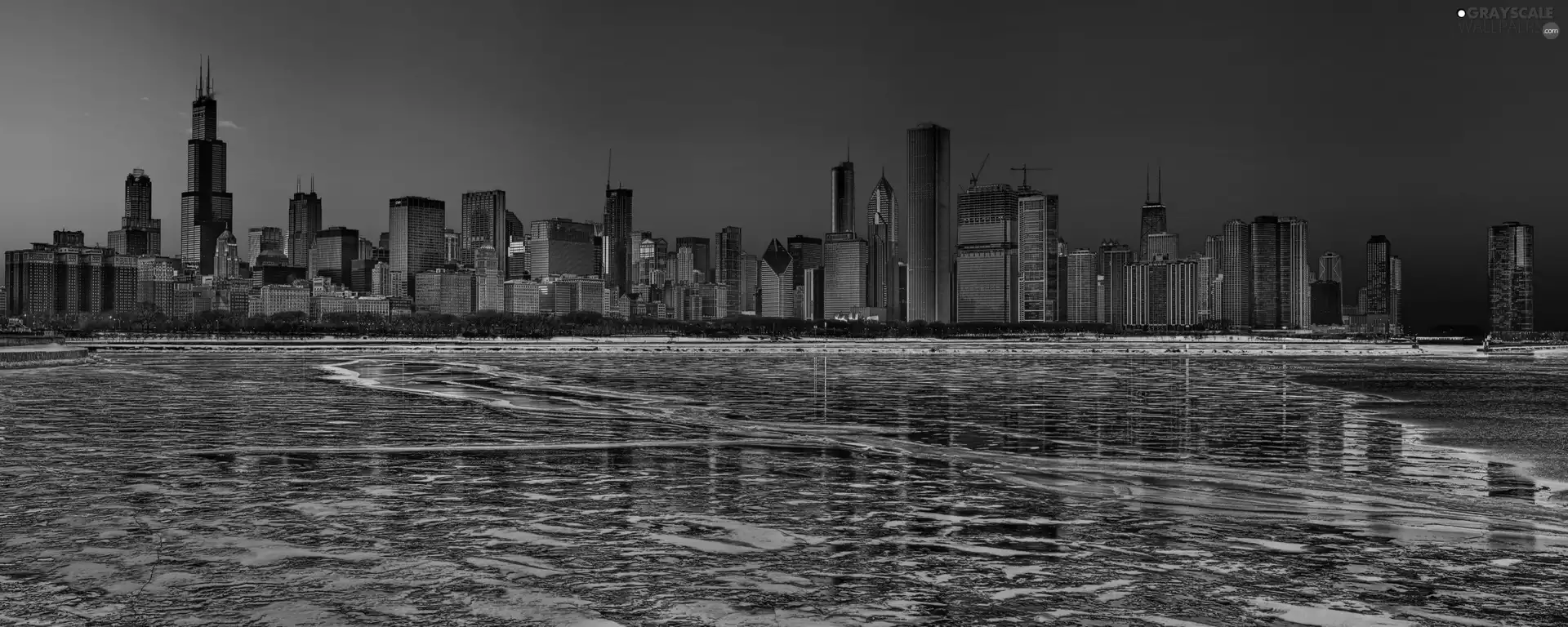 Town, night, clouds, water, skyscrapers