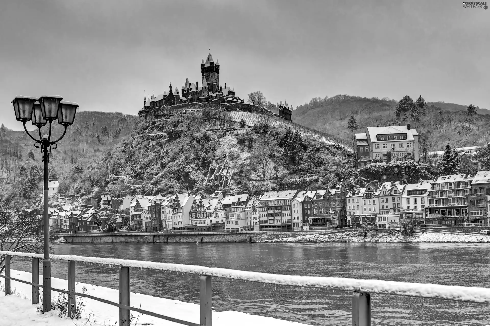 Town, River, Hill, color, Castle