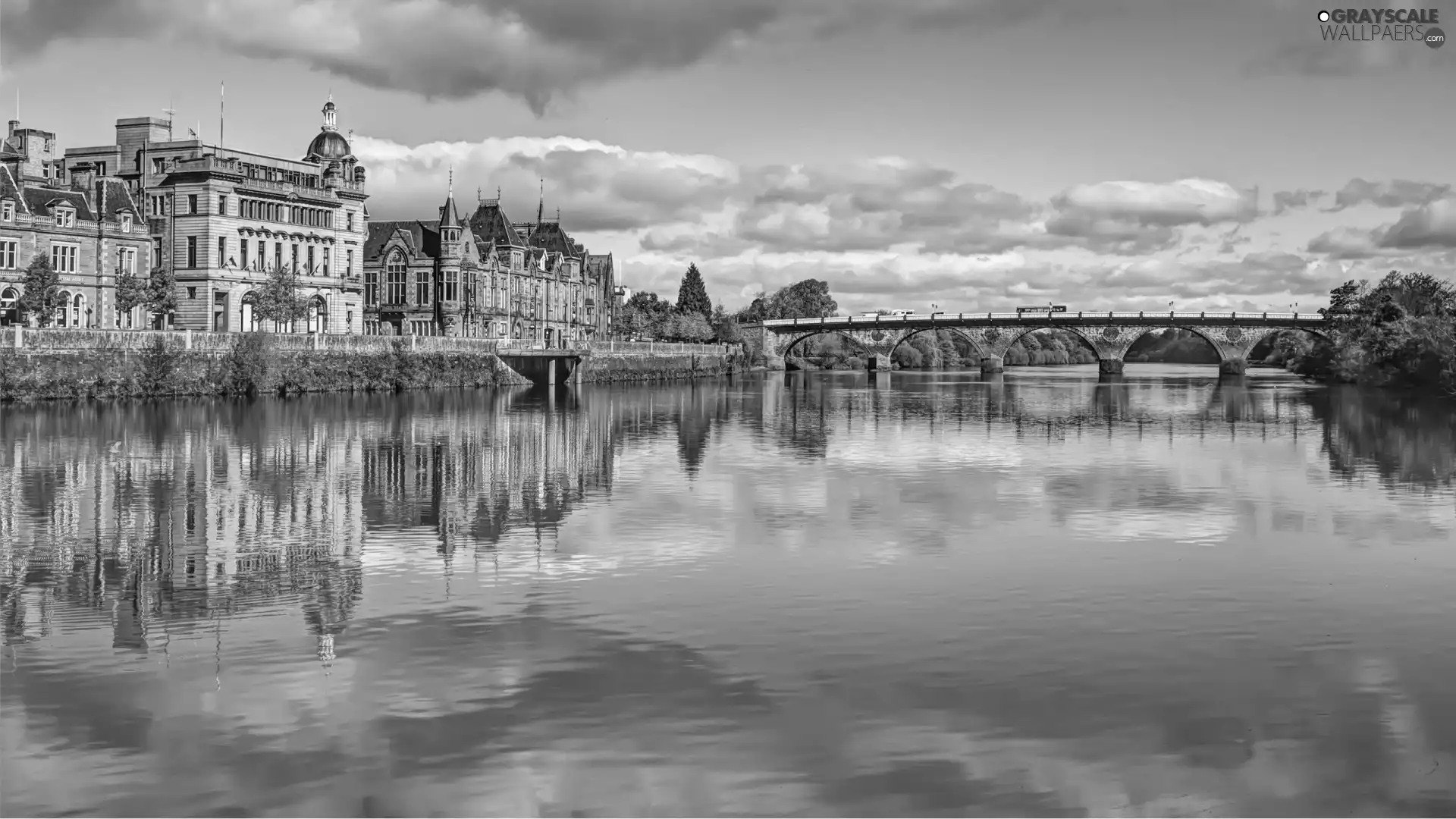 River, panorama, town, bridge