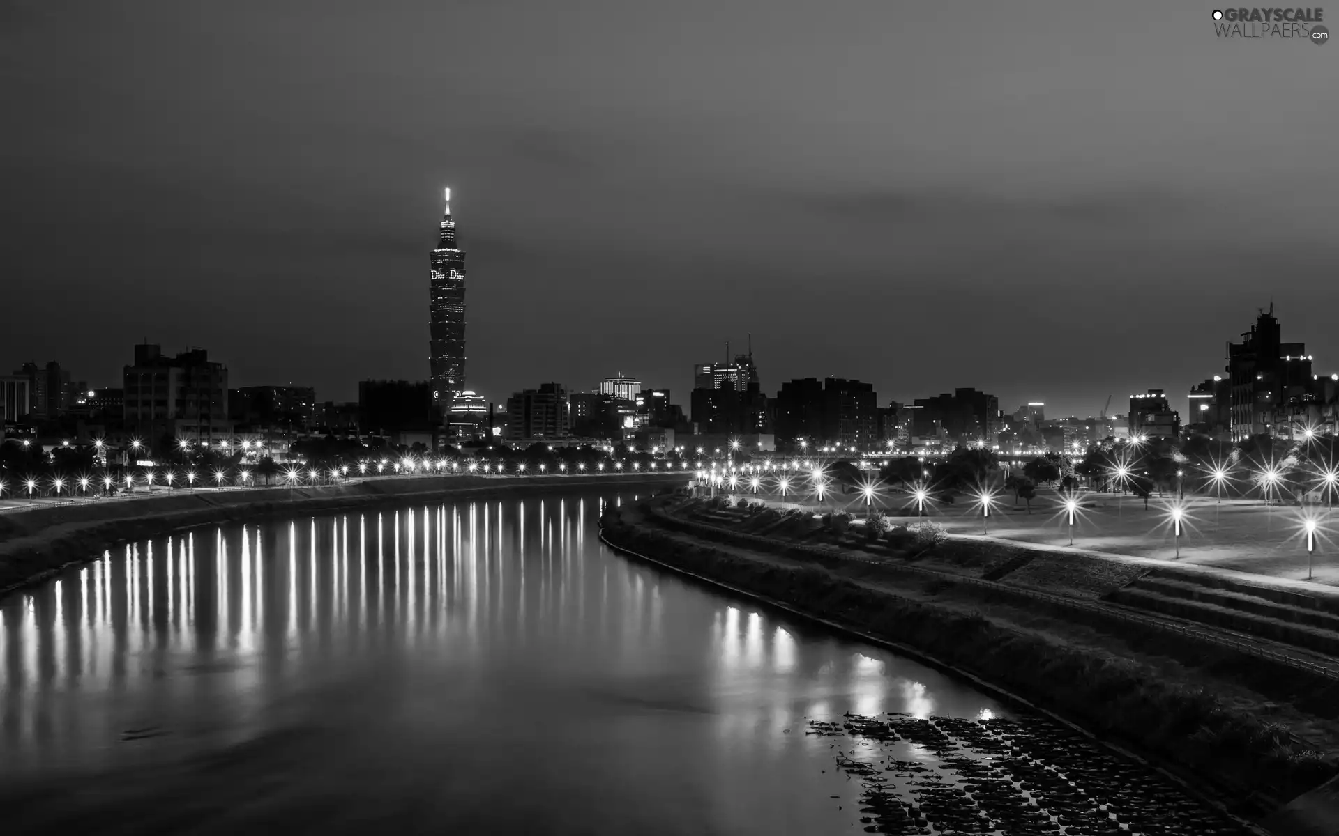 Town, twilight, River