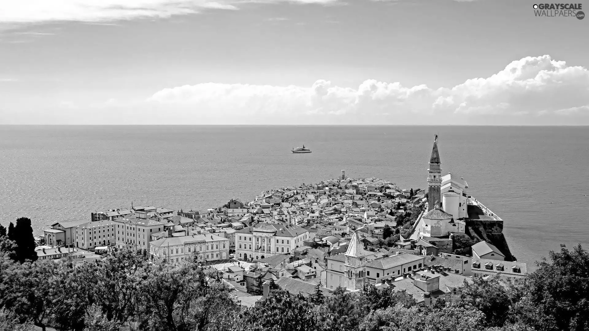 sea, panorama, town, Ship