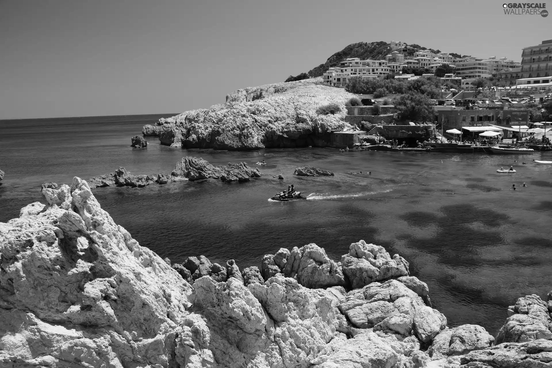 sea, rocks, Town, Coast