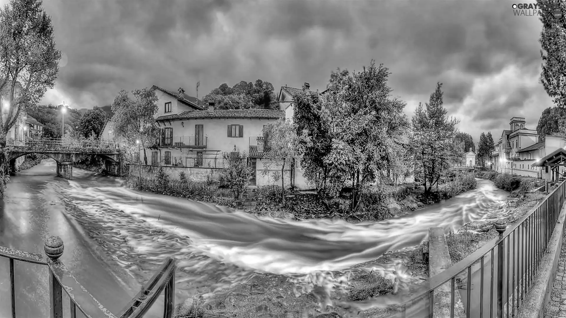 Town, VEGETATION, River, bridge, clouds