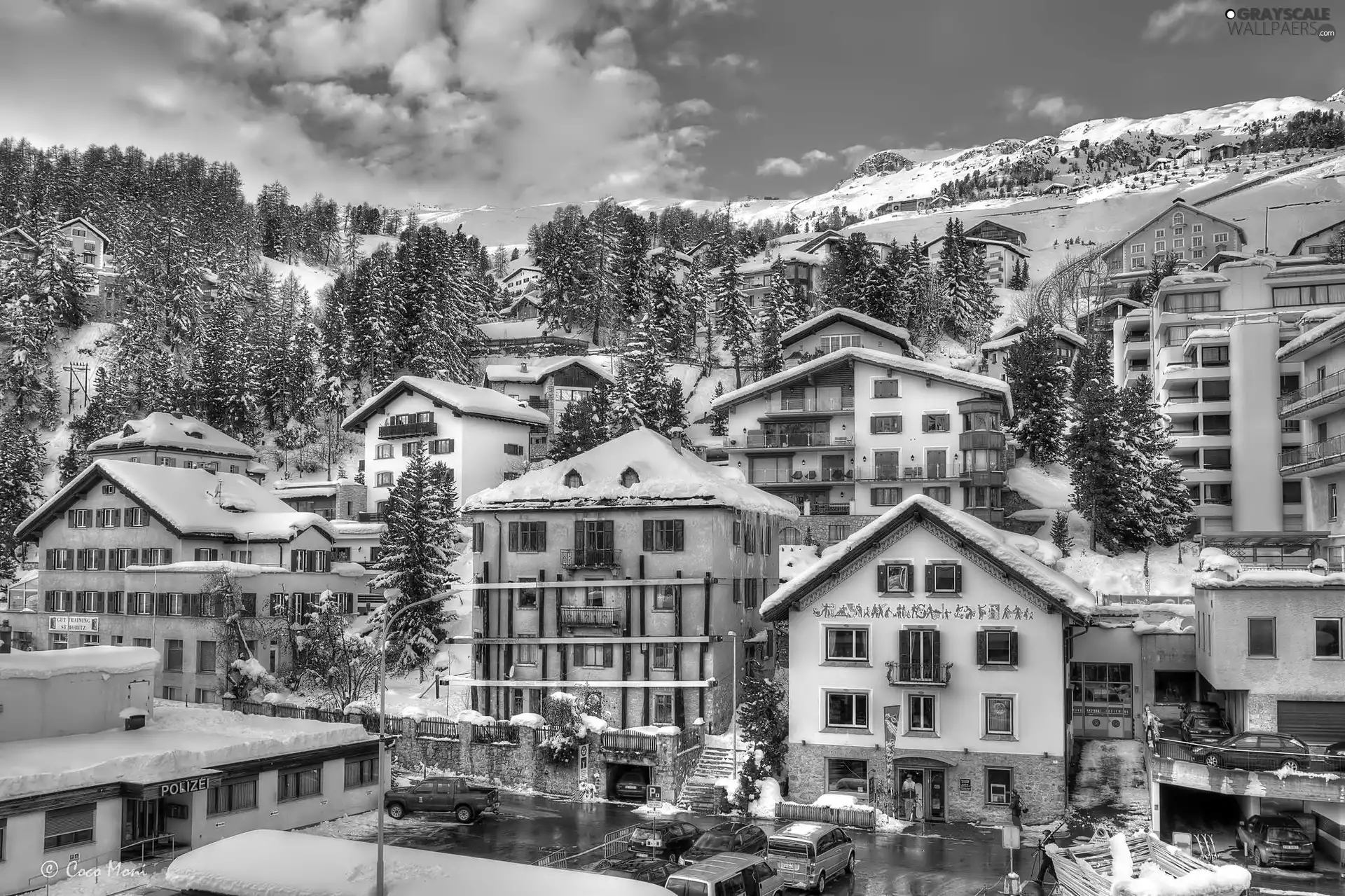 winter, Houses, Town, Mountains