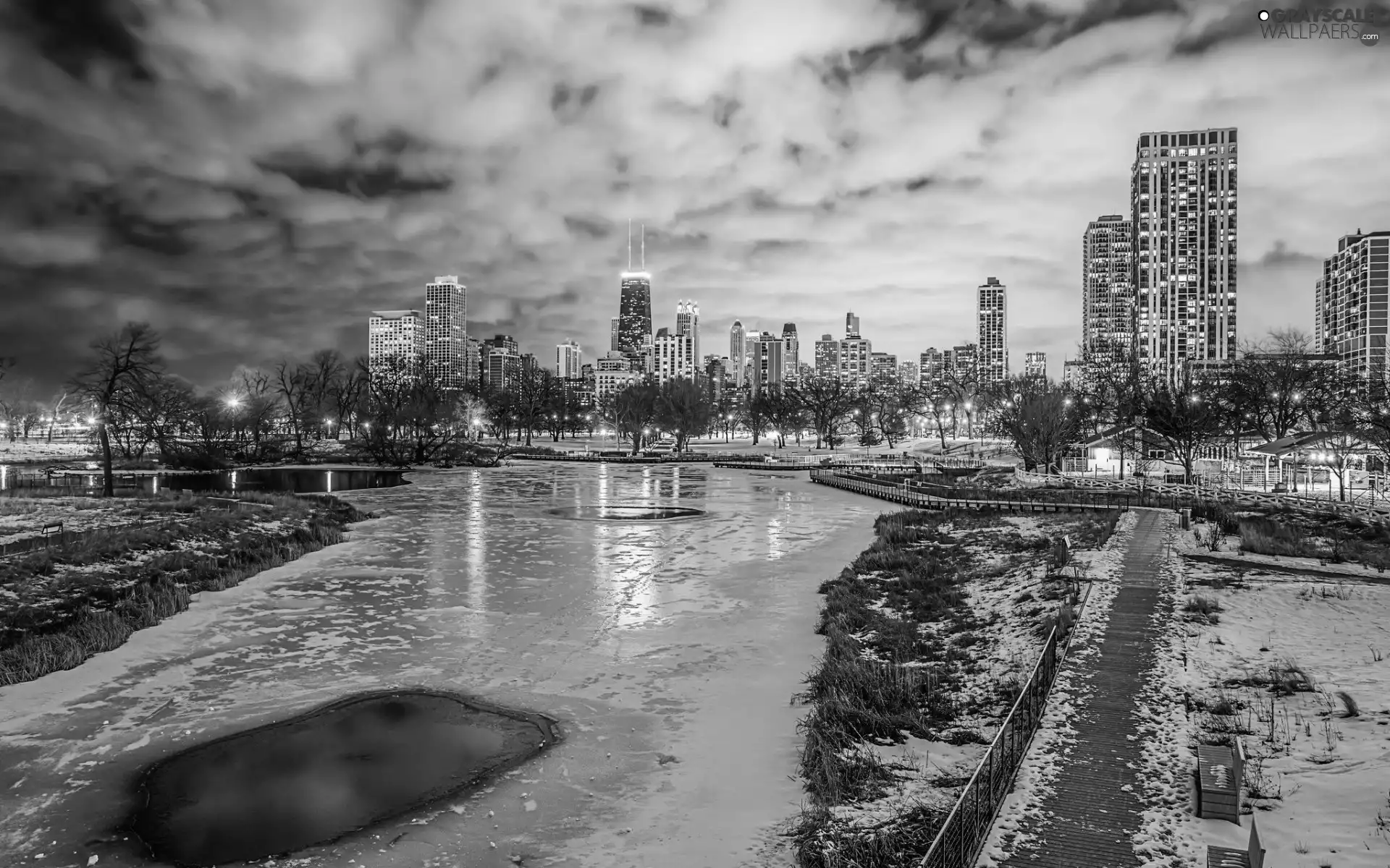 panorama, skyscrapers, Dusk, Path, River, town, winter