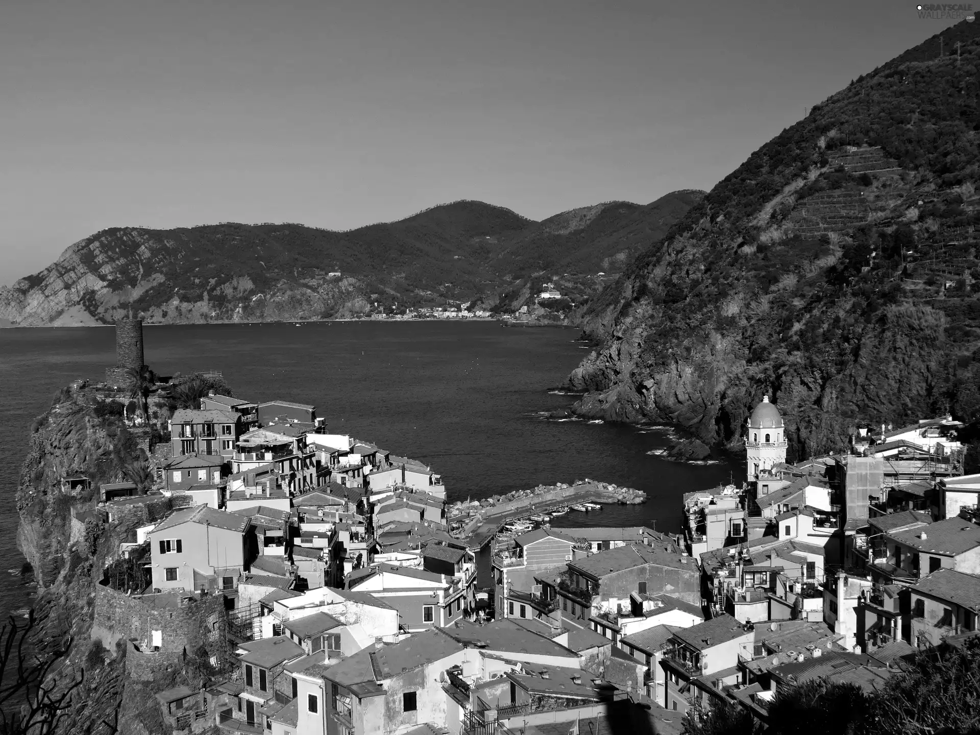 sea, panorama, towns, Mountains