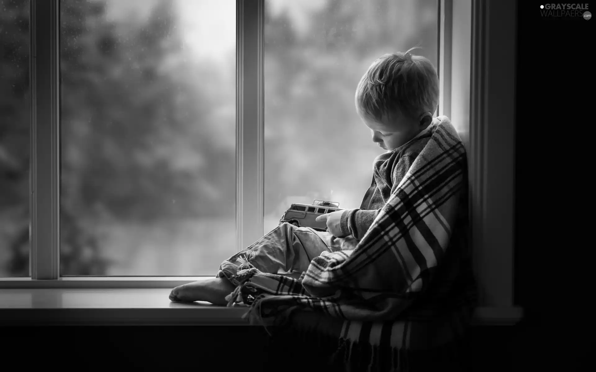 boy, Window, coverlet, toy