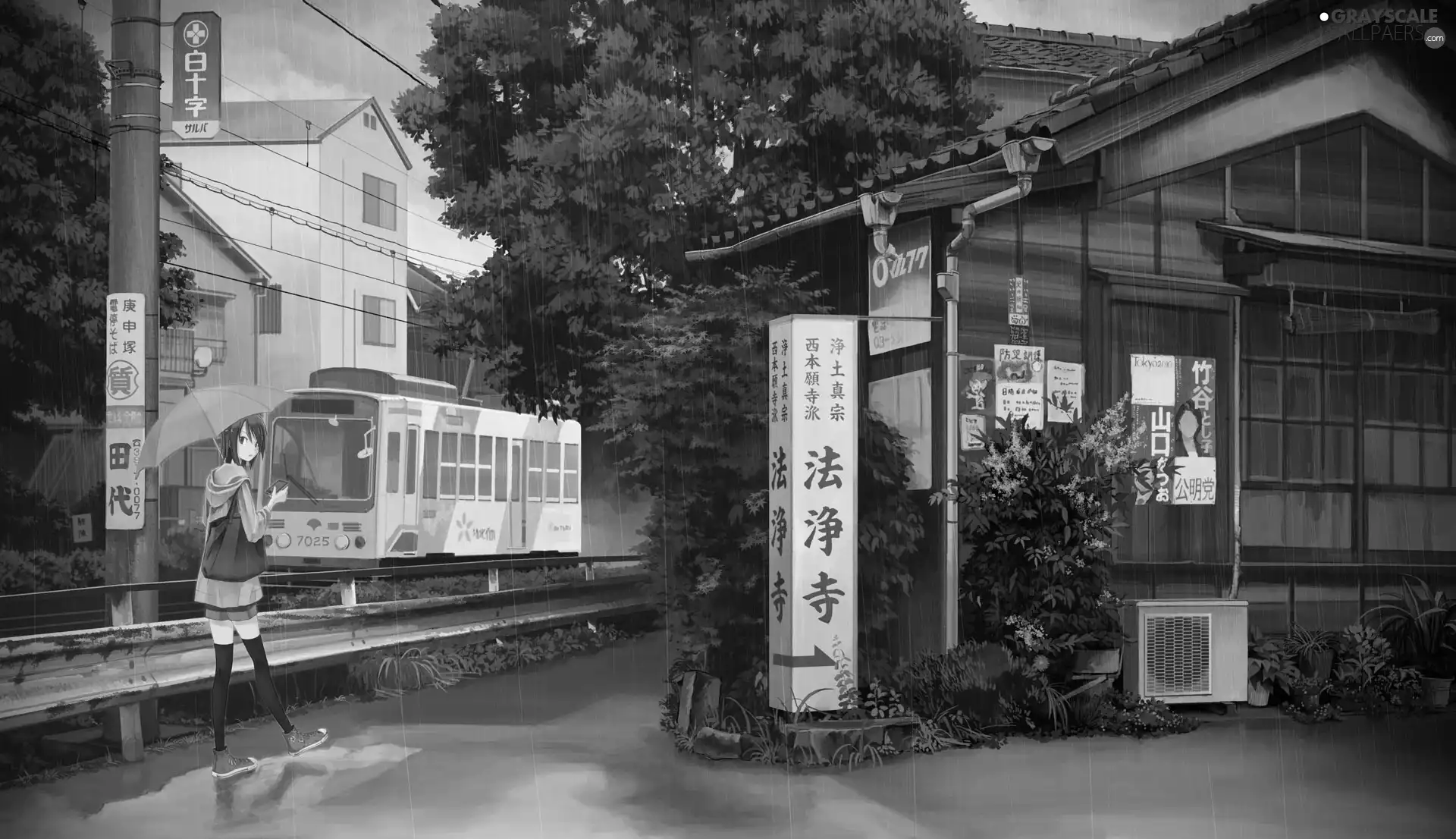 Train, Anime, Umbrella, Rain, girl