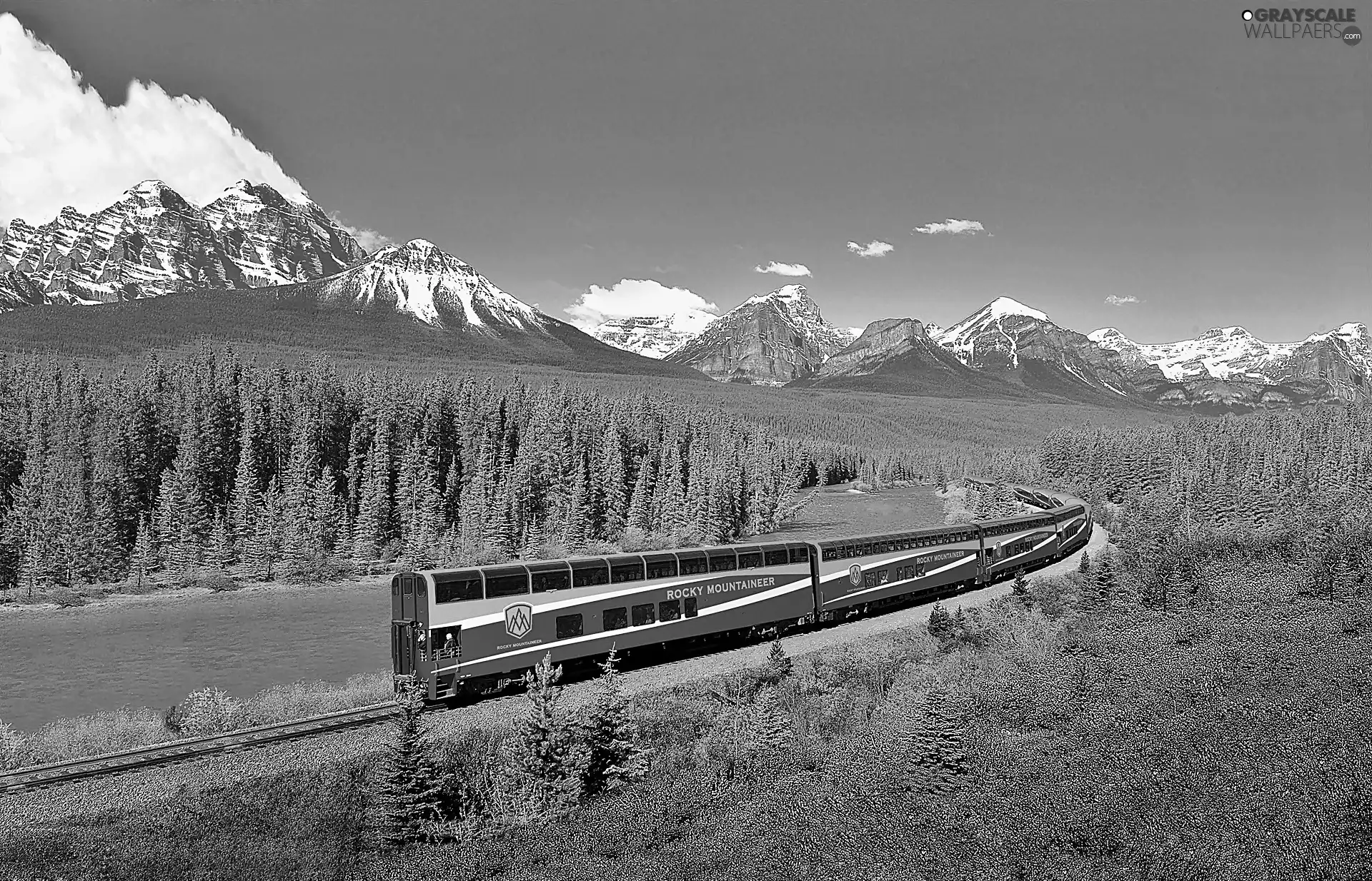 Mountains, River, Train, woods