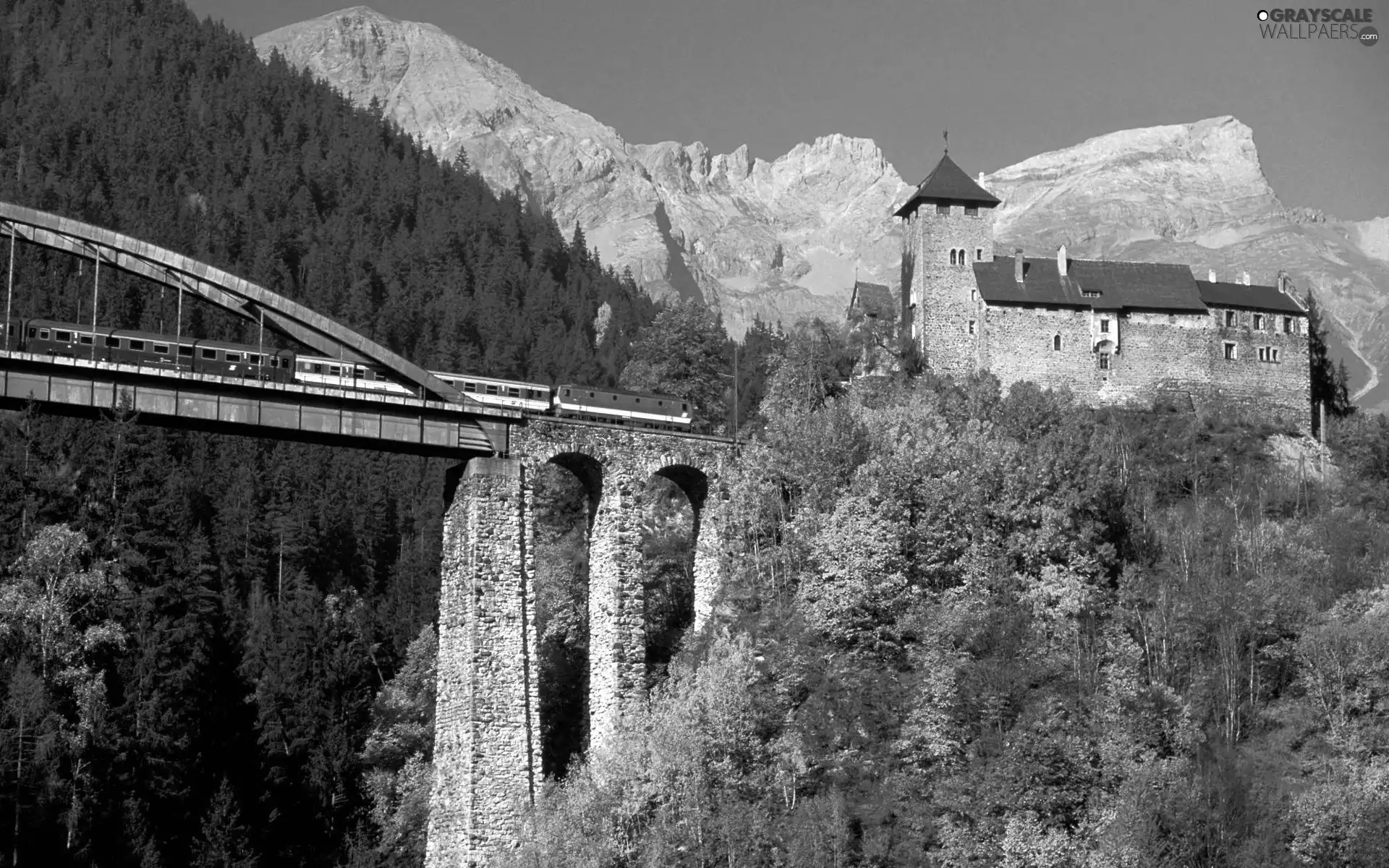 Train, woods, Mountains, bridge, Castle