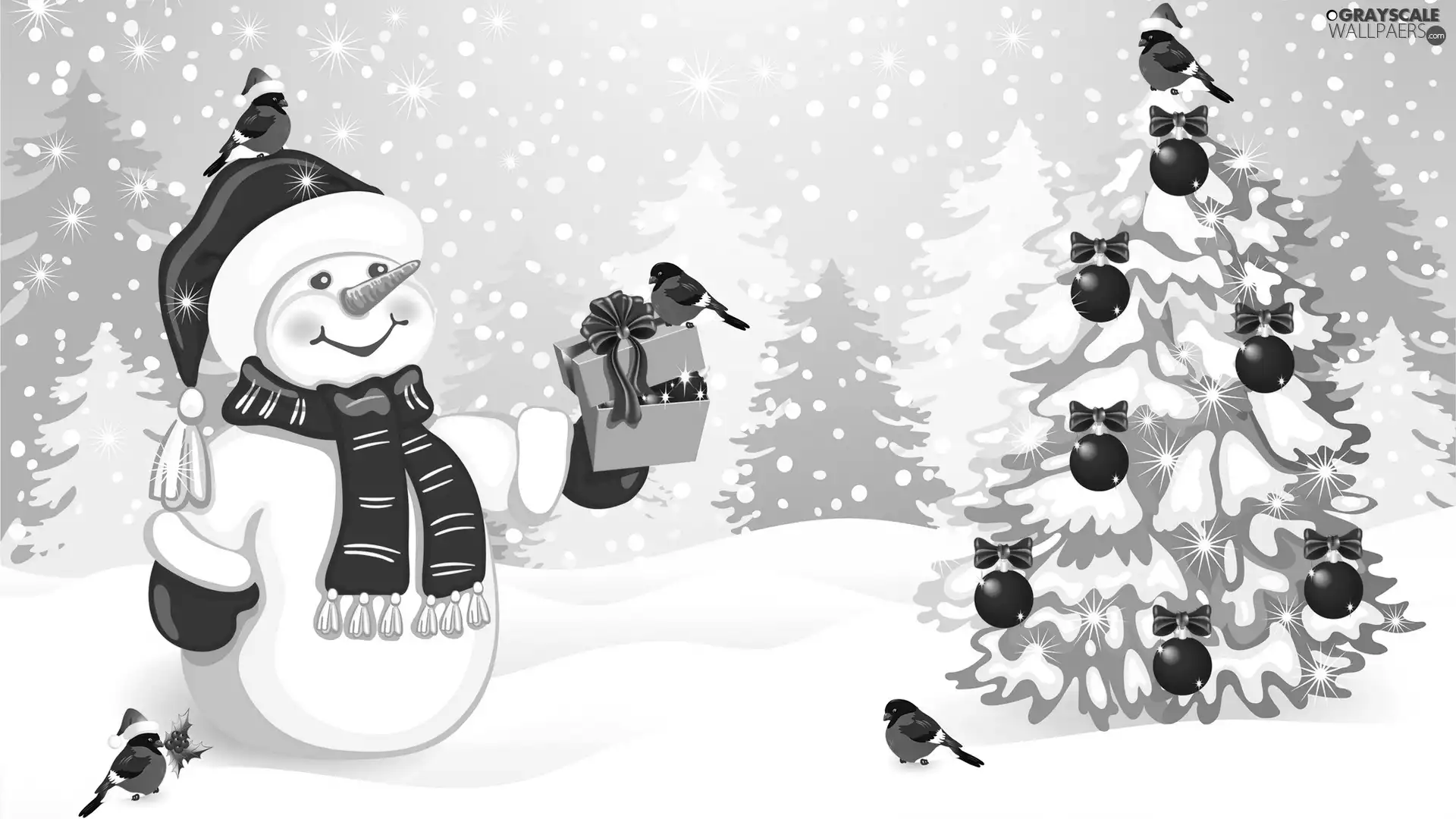 baubles, winter, Santa, christmas tree, 2D Graphics, Snowman, birds