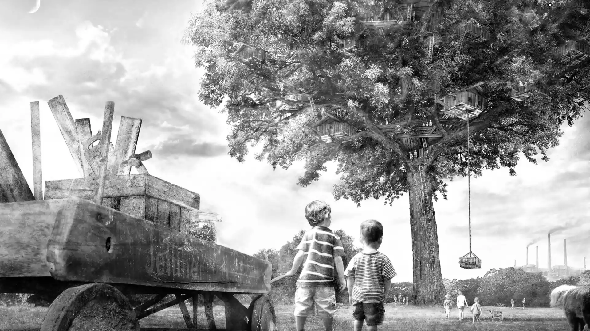 Kids, an, tree, Houses