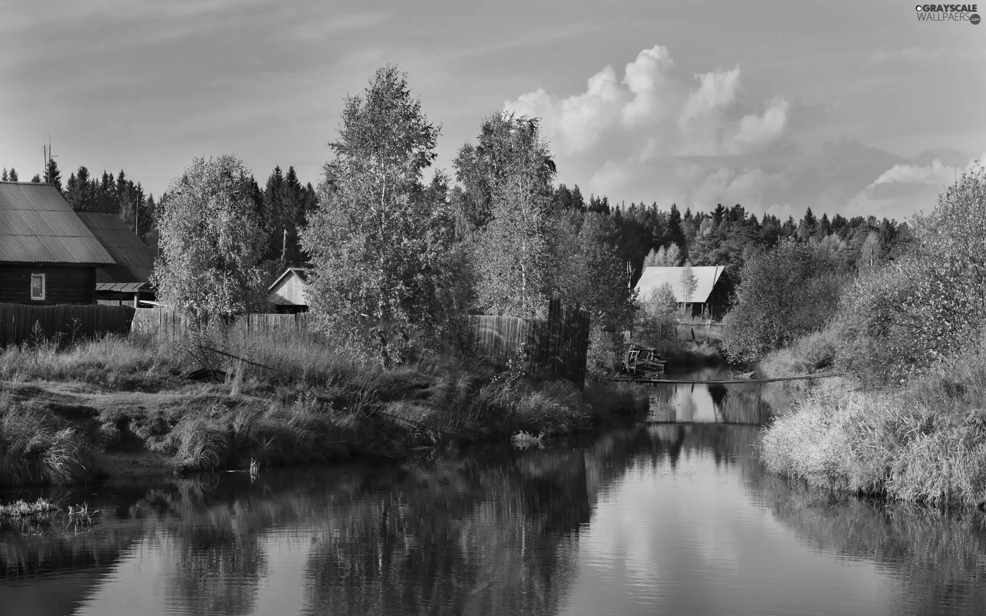 color, buildings, viewes, forest, brook, trees, autumn