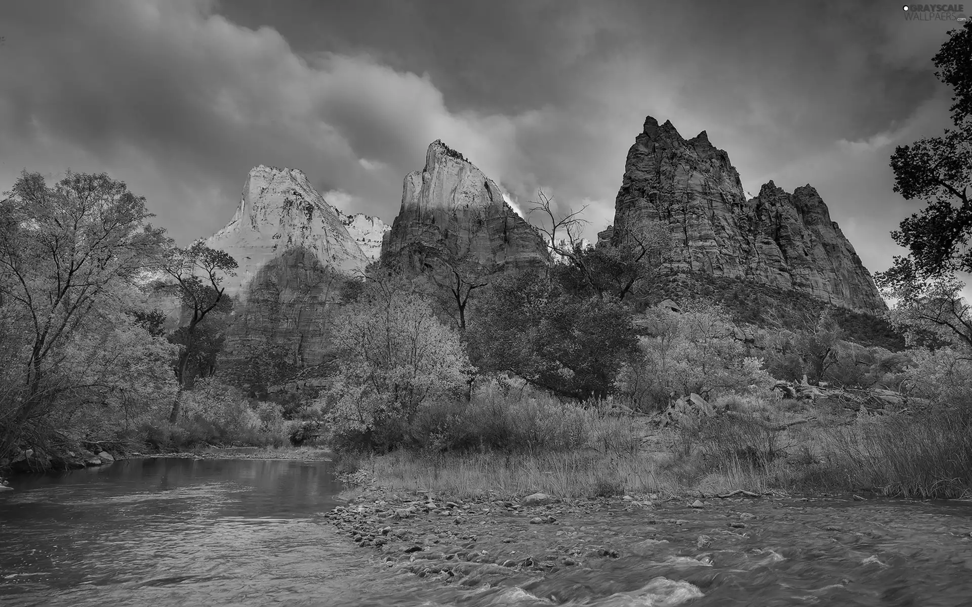 peaks, Mountains, viewes, illuminated, River, trees, autumn