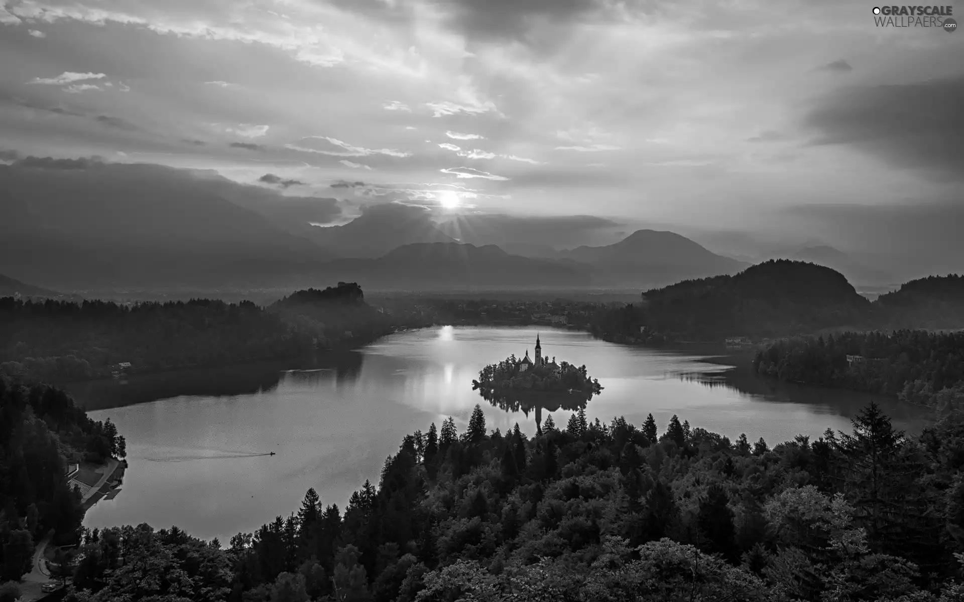 Julian Alps Mountains, Lake Bled, viewes, Great Sunsets, trees, Blejski Otok Island, Slovenia, clouds