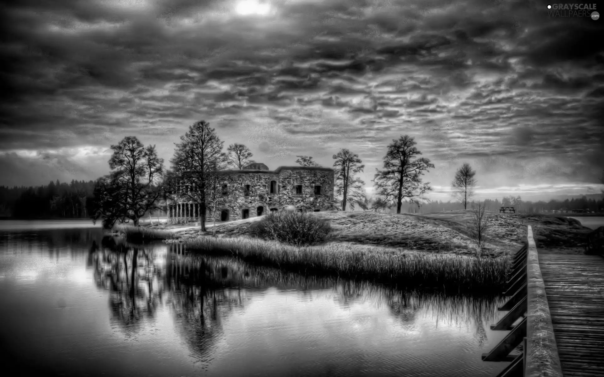 lake, house, viewes, Island, abandoned, trees, bridges