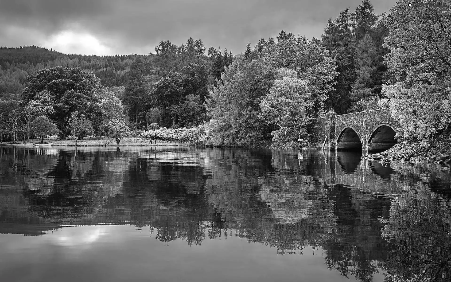 viewes, bridge, clouds, trees, lake, woods, autumn