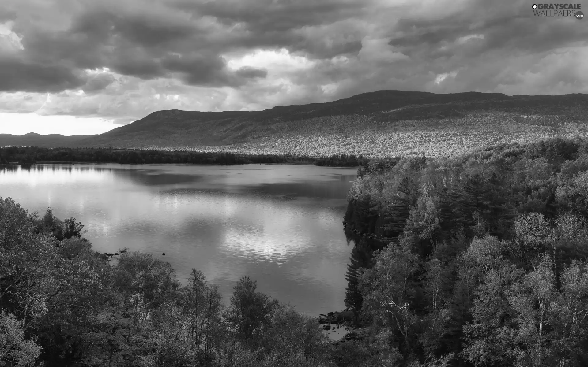 viewes, lake, clouds, trees, Mountains, Sky, autumn
