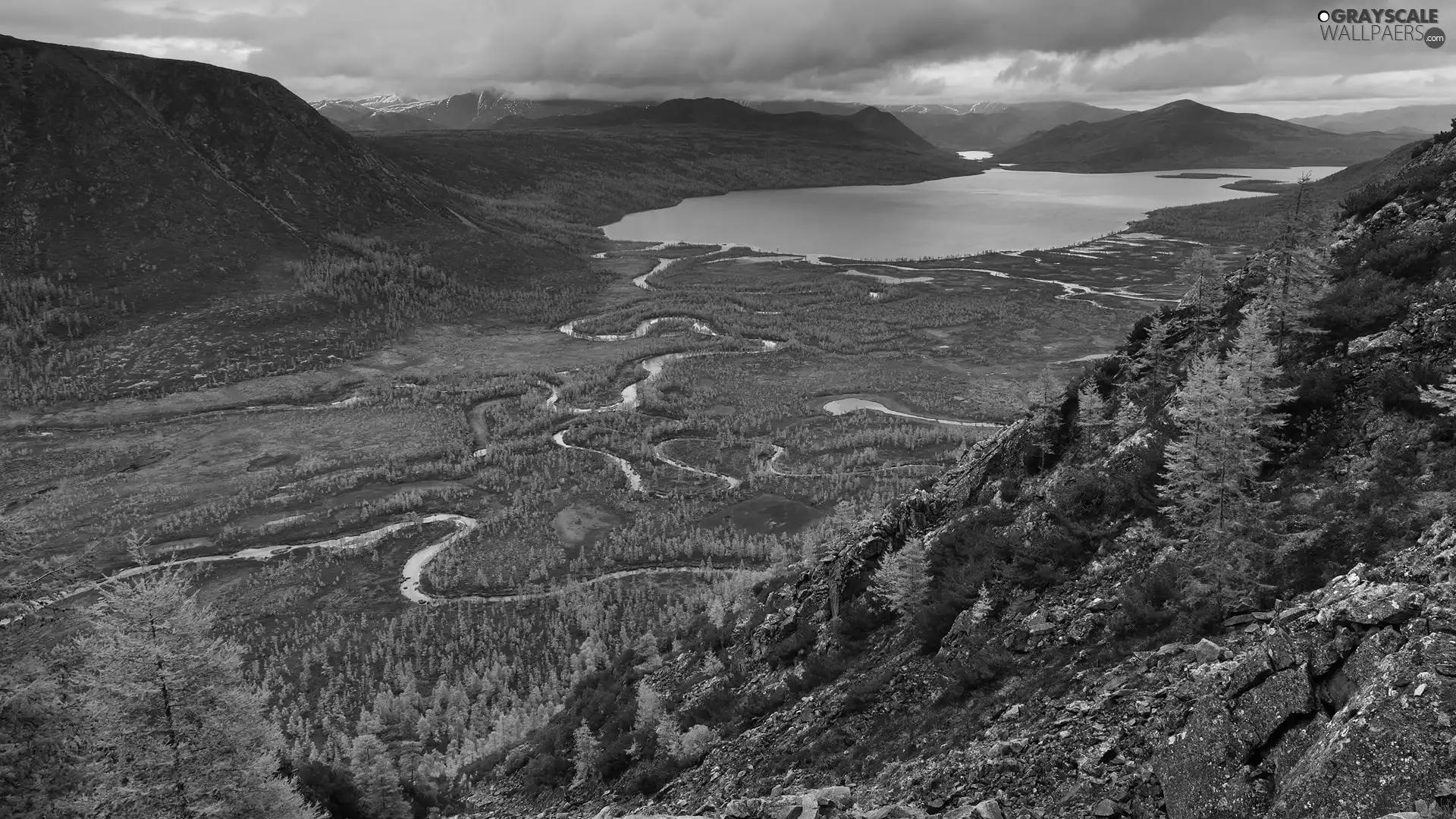 lake, rivers, clouds, rocks, viewes, Valley, Mountains, trees