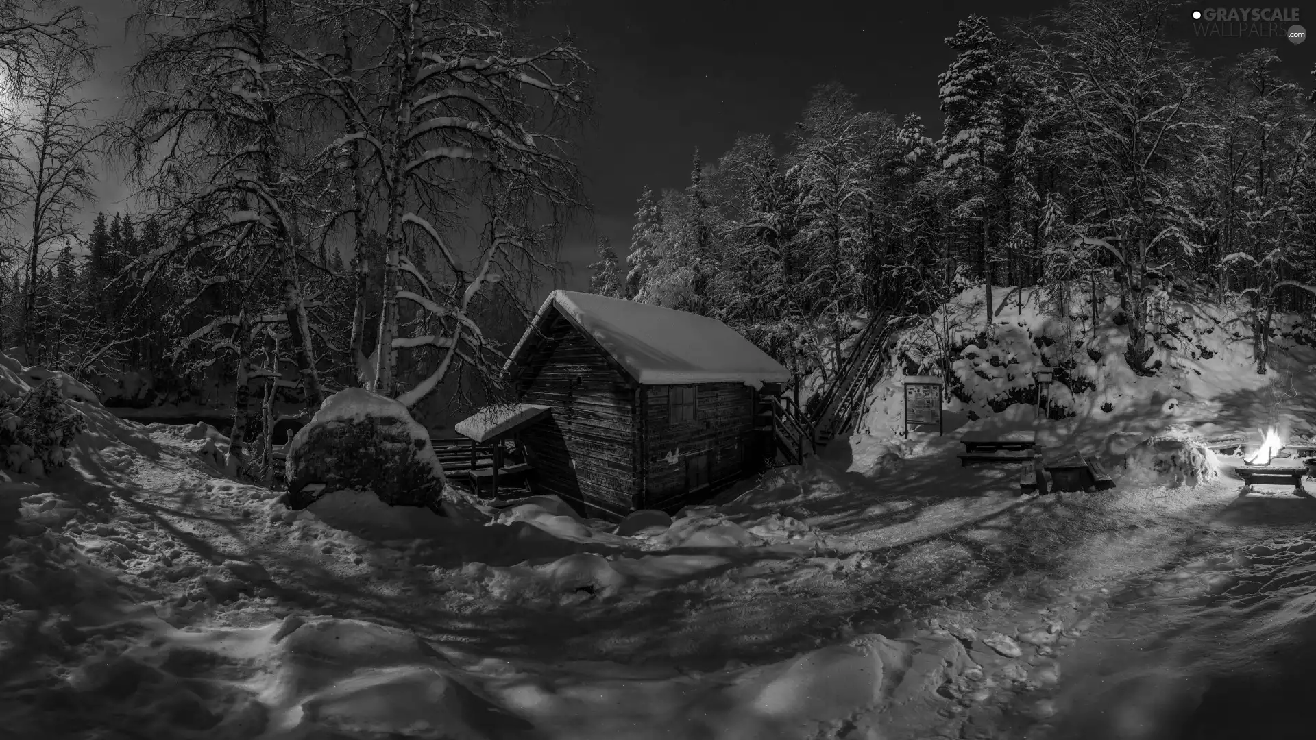 wooden, Oulanka National Park, Myllykoski Mill, viewes, trees, Lapland, fire, winter, Finland, Night, snow, forest