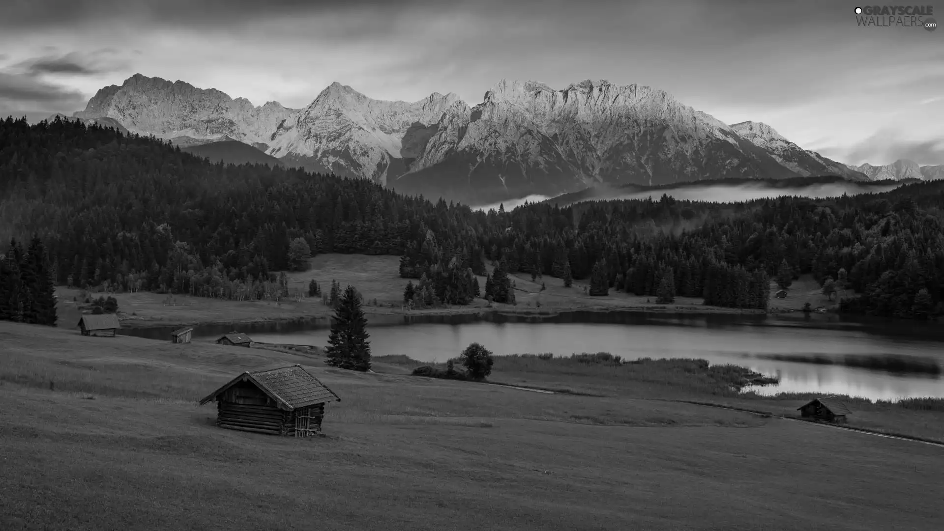 clouds, Geroldsee Lake, trees, Bavaria, viewes, Karwendel Mountains, woods, Germany, Krun City, Houses