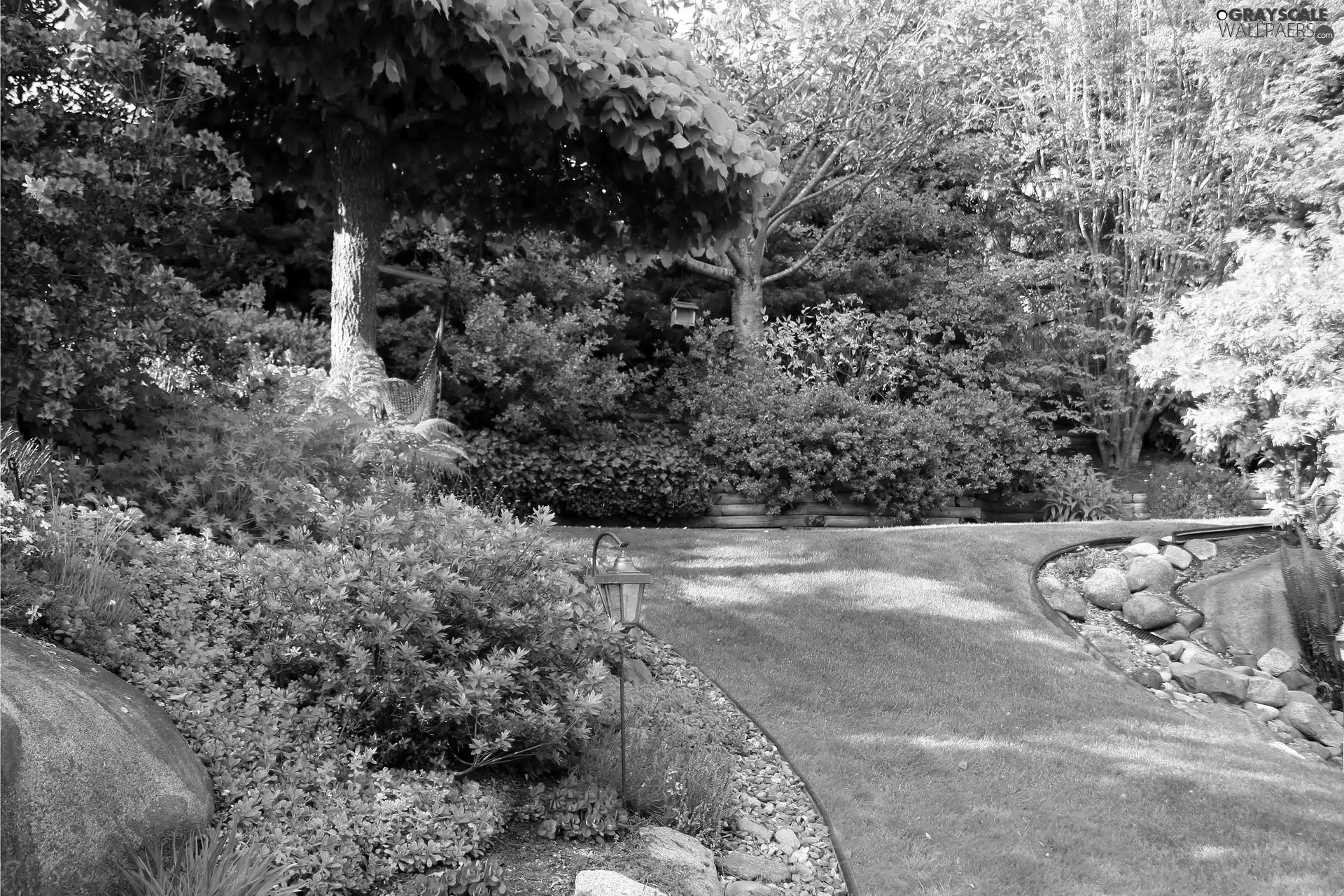 grass, trees, Lamplight, viewes, Stones, Lawn, Park, Flowers