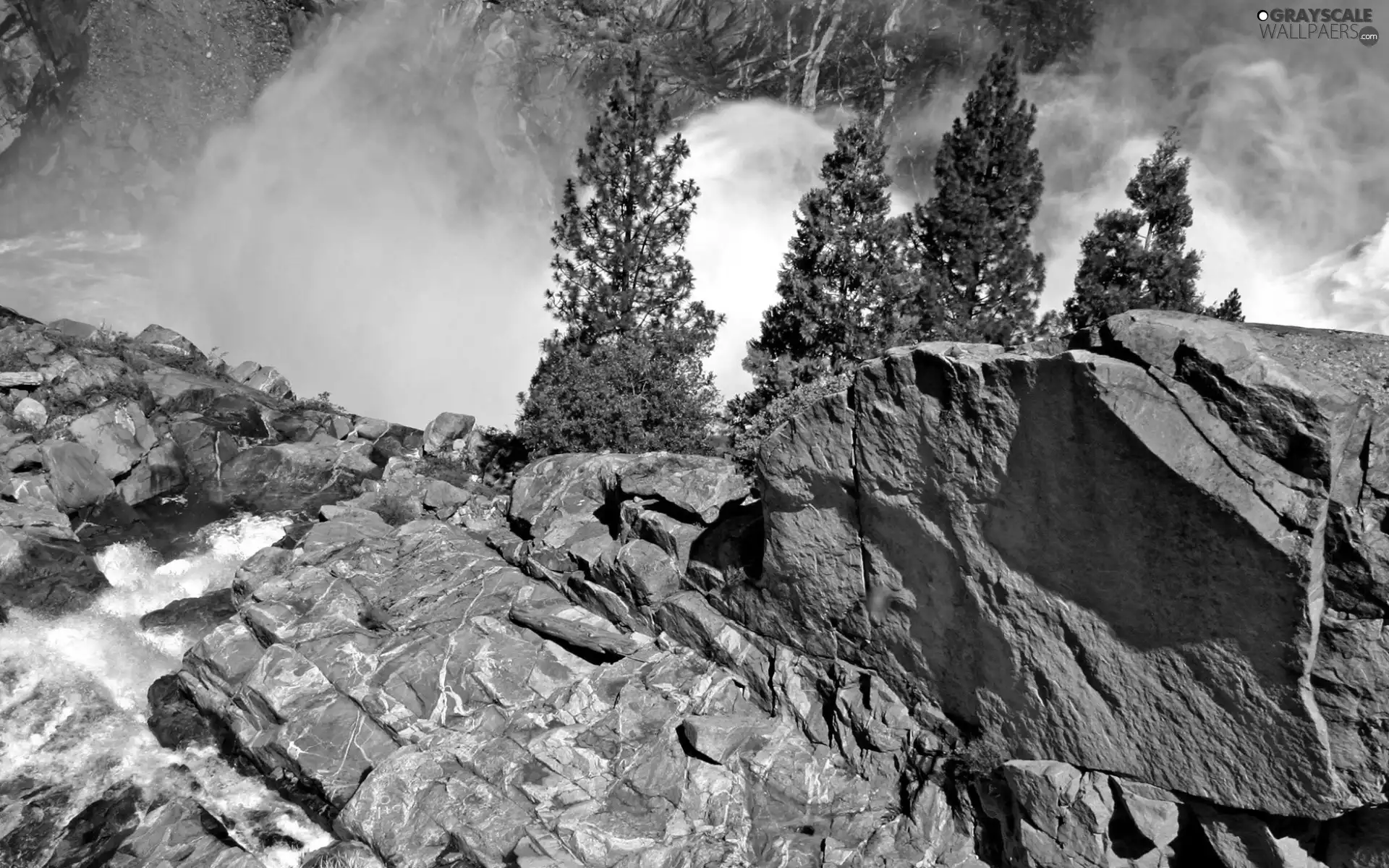 trees, viewes, Great Rainbows, waterfall, rocks