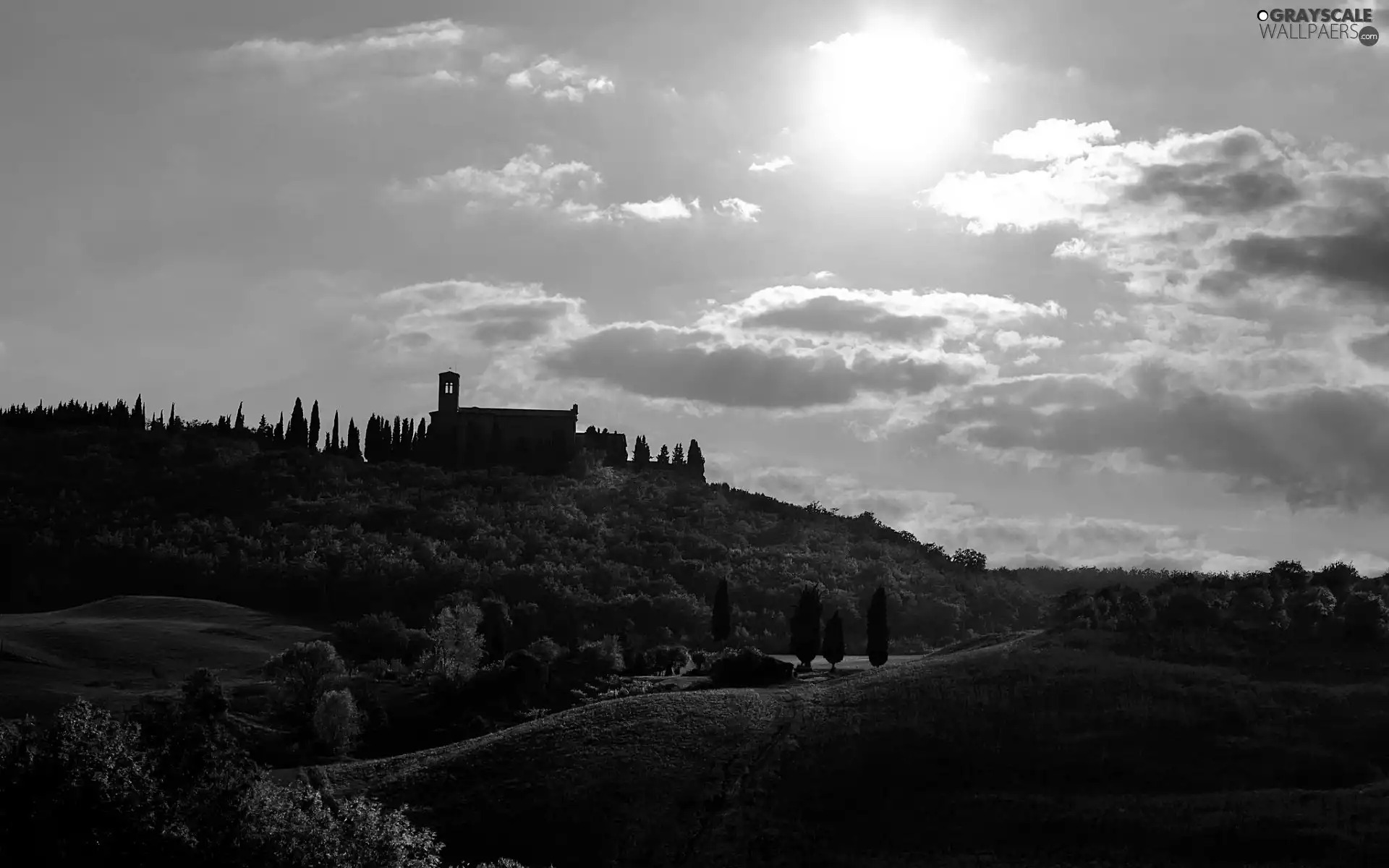 house, trees, morning, viewes, sun, Tuscany, Italy, clouds
