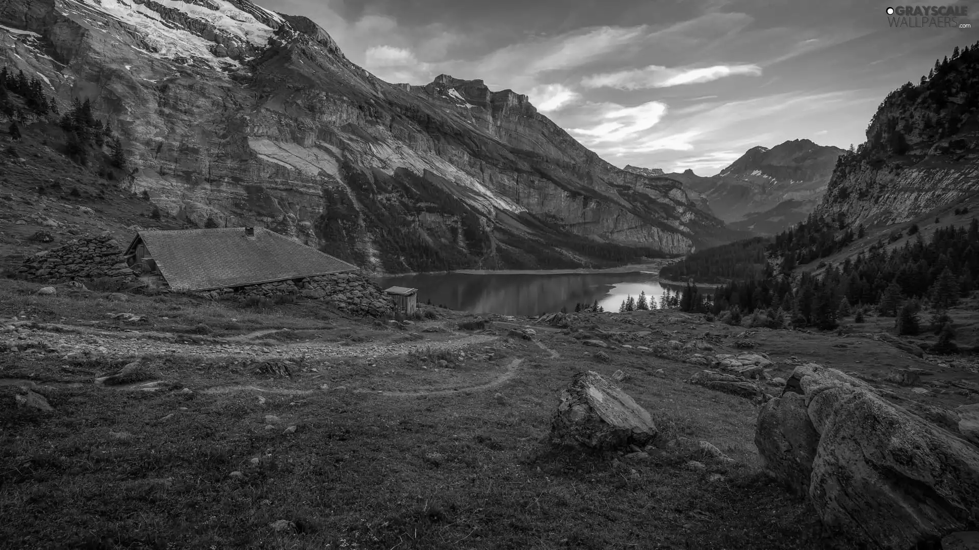 viewes, lake, house, trees, Mountains, Stones, Sunrise