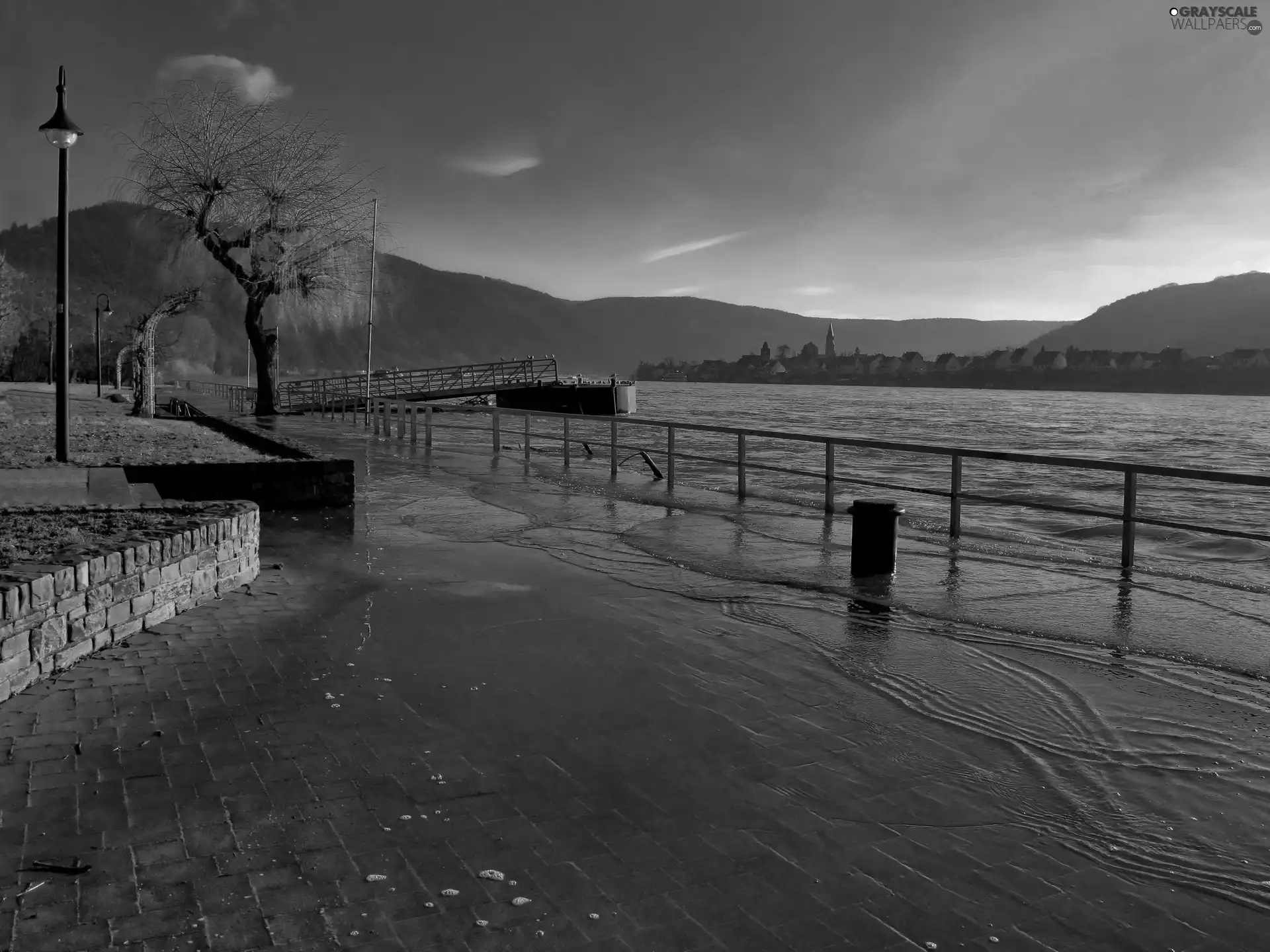 trees, Mountains, fence, Pavement, River