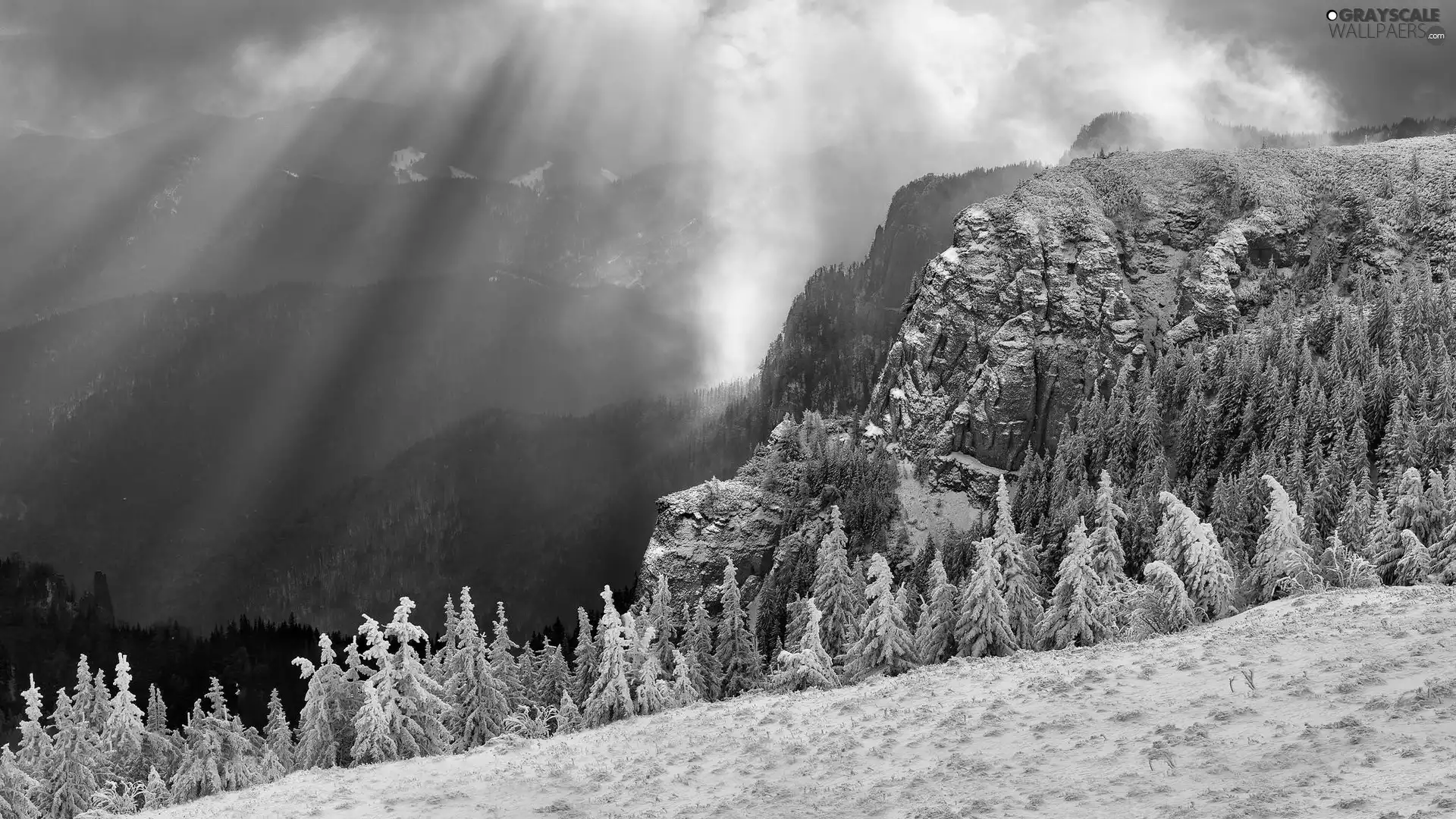 viewes, light breaking through sky, Mountains, trees, winter