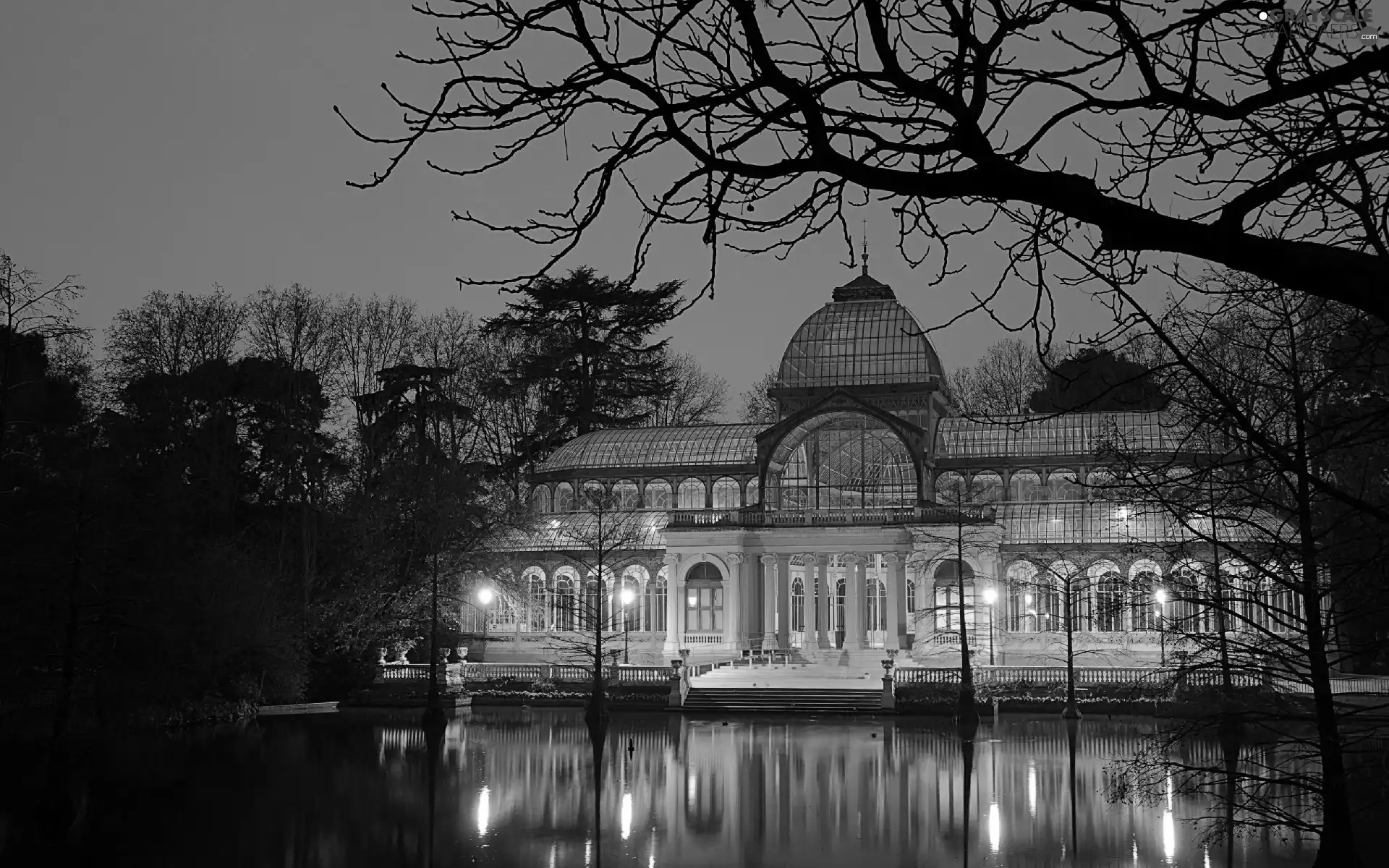 light, palace, viewes, Madrid, trees, Pond - car