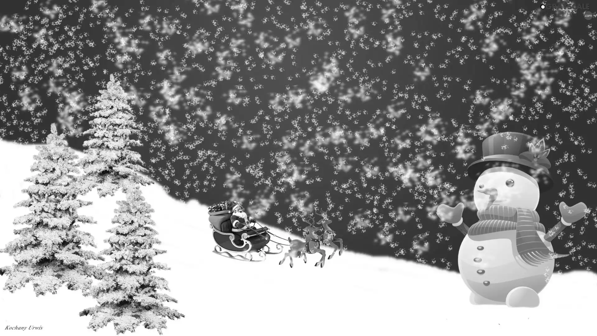 sleigh, Snowman, viewes, Santa, winter, trees, reindeer